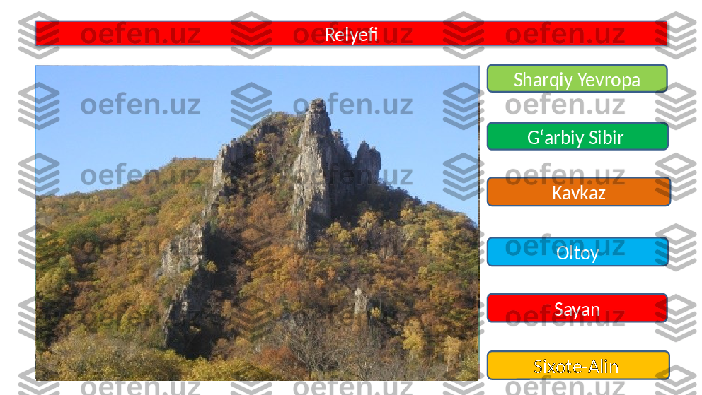 Relyefi
Sharqiy Yevropa
G‘arbiy Sibir 
Kavkaz
Oltoy
Sayan
Sixote-Alin   