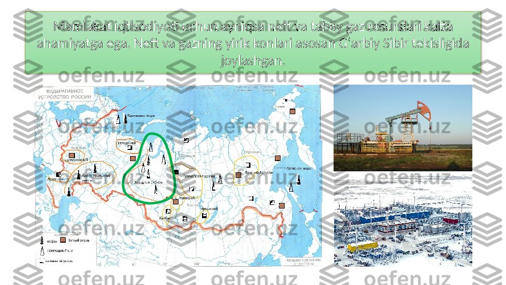 Mamlakat iqtisodiyoti uchun ayniqsa neft va tabiiy gaz resurslari katta 
ahamiyatga ega. Neft va gazning yirik  konlari asosan G‘arbiy Sibir tekisligida 
joylashgan.  