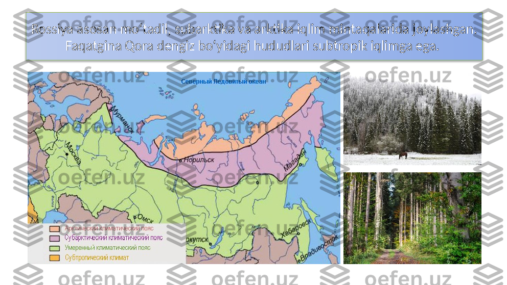 Rossiya asosan mo‘tadil, subarktika va arktika iqlim mintaqalarida joylashgan. 
Faqatgina Qora dengiz bo‘yidagi hududlari subtropik iqlimga ega.   