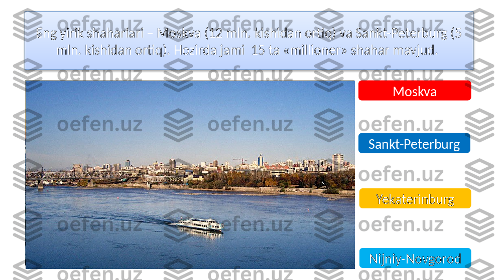 Eng yirik shaharlari – Moskva (12 mln. kishidan ortiq) va Sankt-Peterburg (5 
mln. kishidan ortiq). Hozirda jami  15 ta «millioner» shahar mavjud. 
Moskva
Sankt-Peterburg
Yekaterinburg
Nijniy-Novgorod  