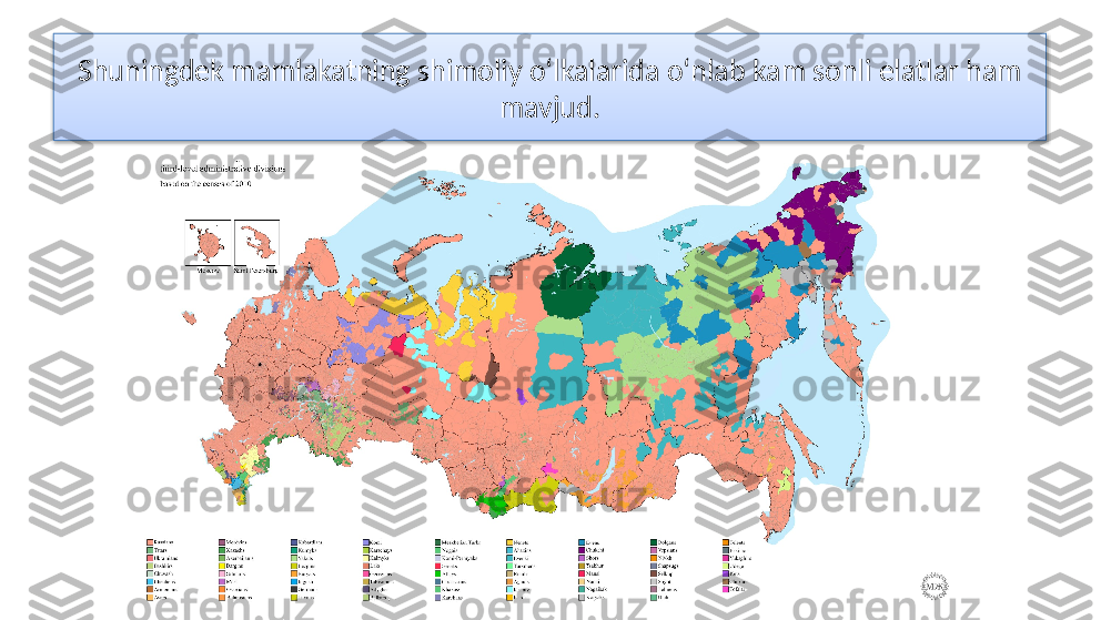 Shuningdek mamlakatning shimoliy o‘lkalarida o‘nlab kam sonli elatlar ham 
mavjud.  