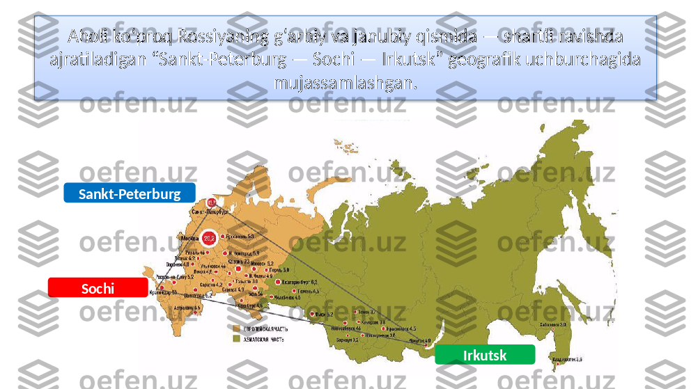 Aholi ko‘proq Rossiyaning g‘arbiy va janubiy qismida — shartli ravishda 
ajratiladigan “Sankt-Peterburg — Sochi — Irkutsk” geografik uchburchagida 
mujassamlashgan.
Sankt-Peterburg
Sochi
Irkutsk  