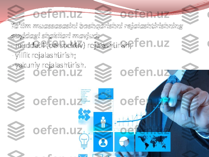 Ta’lim muassasasini boshqarishni rejalashtirishning 
quyidagi shakllari mavjud:
- muddatli (perspektiv) rejalashtirish;
- yillik rejalashtirish;
- yakuniy rejalashtirish. 