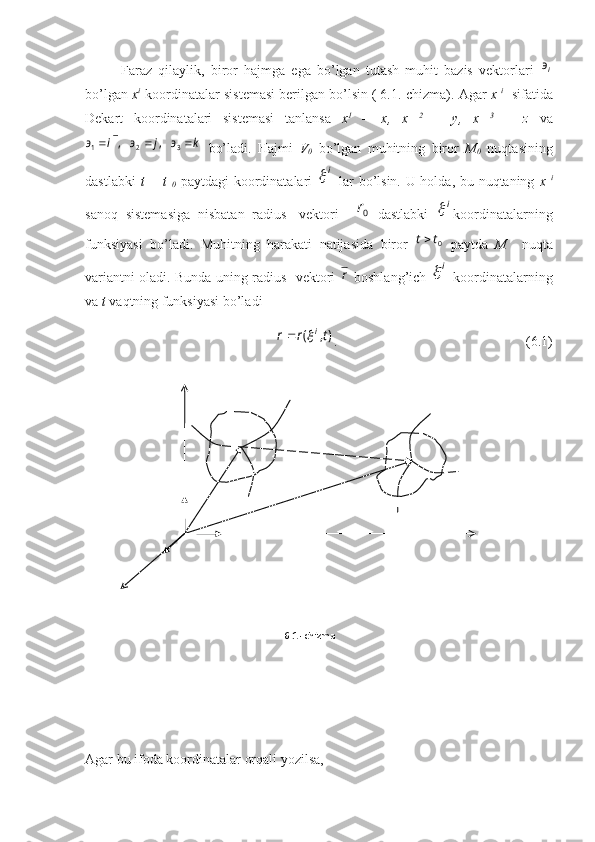 Faraz   qilaylik,   biror   hajmga   ega   bo’lgan   tutash   muhit   bazis   vektorlari  iэ
bo’lgan  x i   
koordinatalar sistemasi berilgan bo’lsin ( 6.1.-chizma). Agar  x  i
  sifatida
Dekart   koordinatalari   sistemasi   tanlansa   x 1  
=   x,   x   2  
=   y,   x   3  
=   z   va	
k	э	j	э	i	э	
									3	2	1	,	,
  bo’ladi.   Hajmi   V
0   bo’lgan   muhitning   biror   M
0   nuqtasining
dastlabki   t = t  
0   paytdagi koordinatalari  	
i   lar bo’lsin. U holda, bu nuqtaning   x   i
sanoq   sistemasiga   nisbatan   radius-   vektori     0r 
  dastlabki  	
i koordinatalarning
funksiyasi   bo’ladi.   Muhitning   harakati   natijasida   biror  
0t	t   paytda   M     nuqta
variantni oladi. Bunda uning radius- vektori  	
r   boshlang’ich  	i	   koordinatalarning
va  t  vaqtning funksiyasi bo’ladi   	
),	(	t	r	r	i	
.  (6.1)
Agar bu ifoda koordinatalar orqali yozilsa, 6.1- chizma 
