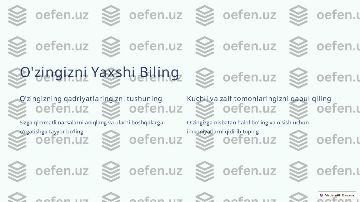 O'zingizni Yaxshi Biling
O'zingizning qadriy at laringizni t ushuning
Sizga qimmatli narsalarni aniqlang va ularni boshqalarga 
o'rgatishga tayyor bo'ling Kuchli v a zaif t omonlaringizni qabul qiling
O'zingizga nisbatan halol bo'ling va o'sish uchun 
imkoniyatlarni qidirib toping 