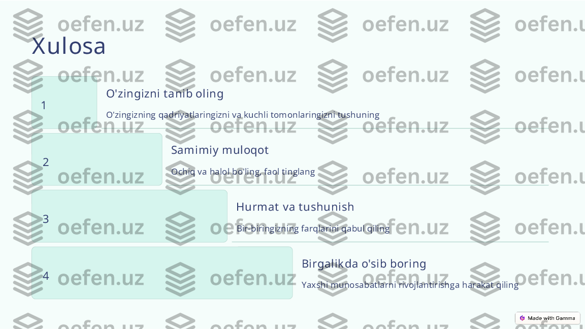 X ulosa
1 O'zingizni t anib oling
O'zingizning qadriyatlaringizni va kuchli tomonlaringizni tushuning
2 Samimiy  muloqot
Ochiq va halol bo'ling, faol tinglang
3 Hurmat  v a t ushunish
Bir-biringizning farqlarini qabul qiling
4 Birgalik da o'sib boring
Yaxshi munosabatlarni rivojlantirishga harakat qiling 