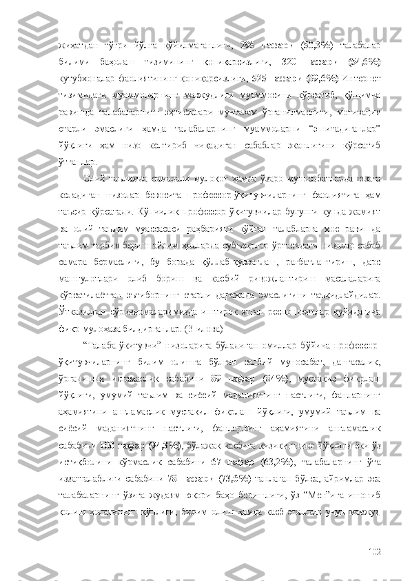 жиҳатдан   тўғри   йўлга   қўйилмаганлиги,   295   нафари   (50,3%)   талабалар
билими   баҳолаш   тизимининг   қониқарсизлиги,   320   нафари   (54,6%)
кутубхоналар фаолиятининг қониқарсизлиги,   525 нафари (89,6%)   Интернет
тизимидаги   муаммоларнинг   мавжудлиги   муаммосини   кўрсатиб,   қўшимча
равишда   талабаларнинг   эҳтиёжлари   мунтазам   ўрганилмаслиги,   мотивация
етарли   эмаслиги   ҳамда   талабаларнинг   муаммоларни   “эшитадиганлар”
йўқлиги   ҳам   низо   келтириб   чиқадиган   сабаблар   эканлигини   кўрсатиб
ўтганлар. 
Олий   таълимда   самарали   мулоқот   ҳамда   ўзаро   муносабатларда   юзага
келадиган   низолар   бевосита   профессор-ўқитувчиларнинг   фаолиятига   ҳам
таъсир   кўрсатади.   Кўпчилик   профессор-ўқитувчилар   бугунги   кунда   жамият
ва   олий   таълим   муассасаси   раҳбарияти   кўйган   талабларга   мос   равишда
таълим-тарбия   бериш   айрим   ҳолларда   субъектлар   ўртасидаги   низолар  сабаб
самара   бермаслиги,   бу   борада   қўллаб-қувватлаш,   рағбатлантириш,   дарс
машғулотлари   олиб   бориш   ва   касбий   ривожлантириш   масалаларига
кўрсатилаётган   эътиборнинг   етарли   даражада   эмаслигини   таъкидлайдилар.
Ўтказилган   сўровномаларимизда   иштирок   этган   респондентлар   қуйидагича
фикр-мулоҳаза билдирганлар. (3-илова)
“Талаба-ўқитувчи”   низоларига   бўладиган   омиллар   бўйича   профессор-
ўқитувчиларнинг   билим   олишга   бўлган   салбий   муносабат,   дангасалик,
ўрганишни   истамаслик   сабабини   89   нафар   (84%) ,   мустақил   фикрлаш
йўқлиги,   умумий   таълим   ва   сиёсий   маданиятнинг   пастлиги,   фанларнинг
аҳамиятини   англамаслик   мустақил   фикрлаш   йўқлиги,   умумий   таълим   ва
сиёсий   маданиятнинг   пастлиги,   фанларнинг   аҳамиятини   англамаслик
сабабини   100 нафар (94,3%) , бўлажак касбига қизиқишнинг йўқлиги ёки ўз
истиқболини   кўрмаслик   сабабини   67   нафар   (63,2%) ,   талабаларнинг   ўта
иззатталаблиги   сабабини   78   нафари   (73,6%)   танлаган   бўлса,   айримлар   эса
талабаларнинг   ўзига   жудаям   юқори   баҳо   беришлиги,   ўз   “Мен”ига   ишониб
қолиш   ҳолатининг   кўплиги,   билим   олиш   ҳамда   касб   эгаллаш   учун   мавжуд
102 