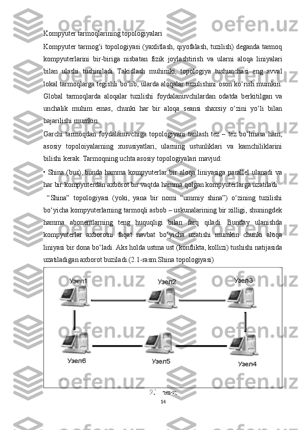 Kompyuter tarmoqlarining topologiyalari
Kompyuter t а rm о g‘i topologiyasi (yaxlitlash, qiyofalash, tuzilish) deganda tarmoq
kompyuterlarini   bir-biriga   nisbatan   fizik   joylashtirish   va   ularni   aloqa   liniyalari
bilan   ulashi   tushiniladi .   Takidlash   muhimki,   topologiya   tushunchasi   eng   avval
lokal tarmoqlarga tegishli bo‘lib, ularda aloqalar tuzulishini oson ko‘rish mumkin.
Global   tarmoqlarda   aloqalar   tuzilishi   foydalanuvchilardan   odatda   berkitilgan   va
unchalik   muhim   emas,   chunki   har   bir   aloqa   seansi   shaxsiy   o‘zini   yo‘li   bilan
bajarilishi mumkin.  
Garchi   tarmoqdan   foydalanuvchiga   topologiyani   tanlash   tez   –   tez   bo‘lmasa   ham,
asosiy   topoloiyalarning   xususiyatlari,   ularning   ustunliklari   va   kamchiliklarini
bilishi kerak.   Tarmoqning uchta asosiy topologiyalari mavjud:
•   Shina (bus),   bunda hamma kompyuterlar  bir  aloqa liniyasiga  parallel  ulanadi  va
har bir kompyuterdan axborot bir vaqtda hamma qolgan kompyuterlarga uzatiladi
  “Shina”   topologiyasi   (yoki,   yana   bir   nomi   “ummiy   shina”)   o‘zining   tuzilishi
bo‘yicha kompyuterlarning tarmoqli asbob – uskunalarining bir xilligi, shuningdek
hamma   abonentlarning   teng   huquqligi   bilan   farq   qiladi.   Bunday   ulanishda
kompyuterlar   axborotni   faqat   navbat   bo‘yicha   uzatishi   mumkin   chunki   aloqa
liniyasi bir dona bo‘ladi. Aks holda ustma ust (konflikta, kollizi) tushishi natijasida
uzatiladigan axborot buziladi.(2.1-rasm.Shina topologiyasi)
2.1- rasm
14 