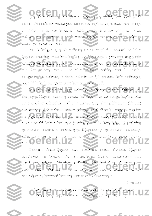 Quyosh   nurlarining   bir   qismini   (15%   ga   yaqinini)   atmosfera   yutib
qoladi. Troposferada radiatsiyani asosan suv bug‘lari va, albatta, bulutlardagi
tomchilar   hamda   suv   kristallari   yutib   qoladi.   Shunday   qilib,   atmosfera
ma’lum   miqdordagi   issiqlikni   bevosita   quyosh   nurlaridan   oladi.   Lekin   u
asosan yer yuzasidan isiydi.
Erga   keladigan   Quyosh   radiatsiyasining   miqdori   dastavval   Er   bilan
Quyosh   orasidagi   masofaga   bog‘liq.   Er   Quyoshga   1   yanvarda   eng   yaqin
keladi, 3 iyulda esa undan eng uzoqda turadi; bu ikki masofa orasidagi farq 5
mln.   km   ga   teng,   natijada   Er   bilan   Quyosh   orasidagi   masofa   o‘rtacha
bo‘lgandagiga   nisbatan,   birinchi   holatda   Er   3,4   protsent   ko‘p   radiatsiya,
ikkinchi holatda esa 3,5 protsent kam radiatsiya oladi.
Er   yuzasidagi   har   bir   joyga   tushadigai   radiatsiya   miqdori,   ikkinchidan,
shu   joyga   Quyosh   nurining   qanday   burchak   bilan   tushishiga   bog‘liq.   Nur
qanchalik   kichik   burchak   hosil   qilib   tushsa,   Quyoshning   bir   tutam   (bir   tup)
nuri energiyasi shunchalik katta maydonga tarqaladi va bu energiya maydon
birligiga   shunchalik   kam   to‘g‘ri   keladi.   Quyosh   nurining   qanday   burchak
bilan   tushishi   ko‘p   sabablarga:   joyning   geografik   kengligiga,   Quyoshning
gorizontdan   qanchalik   balandligiga   (Quyoshning   gorizontdan   balandligi
sutka davomida ham, yil davomida ham o‘zgarib turadi) va er yuzasi relefiga
bog‘liq. 
Uchinchi   faktor-Quyosh   nuri   atmosfera   orqali   o‘tganda   Quyosh
radiatsiyasining   o‘zgarishi.   Atmosferaga   kelgan   Quyosh   radiatsiyasining   bir
qismi   tarqalib   ketadi,   bir   qismi   yutiladi   va   bir   qismi   dunyo   fazosiga   yana
qaytib   ketadi,   shunday   qilib,   atmosferaning   ustki   chegarasiga   kelgan
radiatsiyaning hammasi ham er yuzasiga etib kelavermaydi;
1-tablitsa
Turli parallellarda radiatsiyaning turlicha kelishi va turlicha qaytishi
(1 kv. sm yuzaga bir minutda tushadigai kaloriya hisobida) 