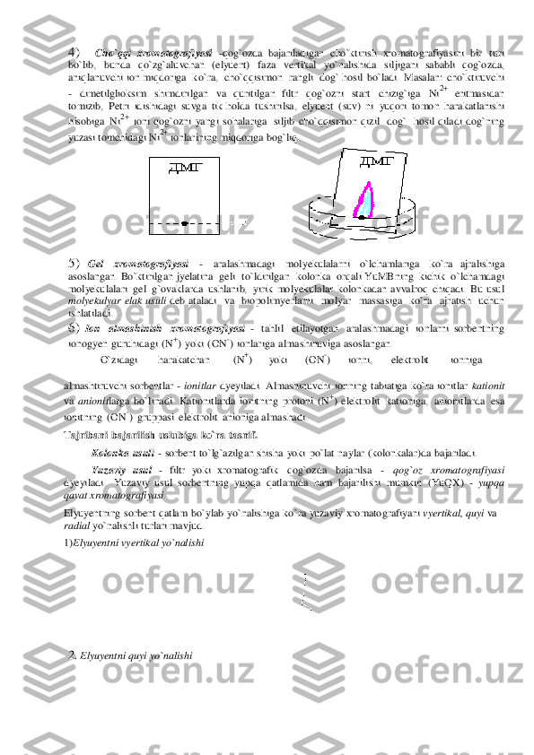 4)	 	Cho	`qqi xromatog	raf	iyasi -qog`ozda 	bajariladigan cho`ktirish xromatogra	fiyasini  bir	 turi 	
bo	`lib, bunda	 qo`	zg`	aluv	chan (elyuent	) faza vertikal yo`	nalish	ida siljig	ani  sa	babli 	qo	g`oz	da, 	
aniqlanuvchi 	ion miqdor	iga	 ko`ra,	 cho`qqisimon 	 rangli dog	` hos	il bo`ladi.	 M	asa	lan: cho	`ktiruvchi 	
- dimeti	lglioks	im	 shi	mdirilgan va	 quritilgan  fi	ltr qog	`ozni start chizig`	iga	 Ni2+ eritmasidan 	
tomizib,	 Petri idishidagi suvga	 tik 	holda	 tushirilsa,	 elyuent	 (suv)	 ni yuq	ori tomon	 har	akatlanishi 	
hisobiga Ni2+ ioni 	qog`ozni yangi sohalariga	 siljib cho`qqisimon	 qizil dog` hos	il qiladi do	g`nin	g 	
yuza	si tomchidagi Ni	2+ ionlarining	 miqdoriga	 bo	g`liq. 	
 	 
5)	 Gel 	xromatog	rafiyasi 	- 	aralashmadagi 	molye	kulalarni 	o`lchamlar	iga	 	ko`	ra  a	jralishiga	 	
asos	langan. Bo`	ktirilgan	 jye	latina	 gel	i to`	ldirilgan	 kolon	ka	 or	qali YuMB	ning	 kichik o`	lchamda	gi 	
molye	kulalari	 gel	 g`ovaklarda	 ushlanib, yirik 	molyek	ulalar kolonkadan avvalroq chiqadi. Bu usul 	
molye	kulyar	 elak	 us	uli deb at	aladi  va 	 biopolimyerla	rni  molyar 	 massa	siga 	 ko`ra 	 ajratish  uchun  	
ishlatiladi. 	
6)	 Ion almashinish xr	omatogra	fiyasi - tahlil etilayotg	an aralashmadagi ionlarni  sorbent	ning 	
ionogye	n guruhidagi (N+) yoki	 (ON	-) ionlariga almashinuvig	a a	sos	lang	an. 	
O`zidagi 	harakatchan	 	(N+) 	yoki 	(ON	-) 	ion	ni,	 	elektrolit	 	ionnig	a 	
 
almashtiruvchi sorbent	lar	 - ionitlar	 dye	yiladi. Almashinuvchi ionning tabiatiga  k	o`ra  i	onitlar	 kationit 	
va	 anionitlarga	 bo`	lina	di. Kationitlarda	 ionitning protoni (N+)  elektrolit	 kationiga,	 anionitlarda	 esa	 	
ionitning (ON	-) gr	up	pasi elektrolit	 anionig	a al	masha	di. 	
Taj	ribani	 bajarilish	 uslub	iga ko`ra	 tasnif.	  	
Kol	onka	 usul	i - sorbent	 to`lg`az	ilgan s	hisha	 yoki	 po`	lat naylar	 (kolon	kalar	)d	a ba	jariladi.  	
Yu	za	viy usul	 - filtr yok	i xromatogra	fik qog`ozda ba	jarilsa 	- qog`oz xromatog	rafiyasi 	
dye	yiladi. Yuzaviy  u	su	l sorbent	ning yupqa	 qatlamida	 ham	 ba	jarilish	i mumkin	 (Yu	QX) - yup	qa 	
qavat xr	omatogra	fiyasi. 	
Elyuyentni	ng	 sorbent	 qatlam	 bo`	ylab	 yo`	nalishiga	 ko`ra	 yuza	viy xromatogra	fiyani vye	rtikal, quyi va 	
ra	dial yo`	nalishli tur	lari	 mavjud.	 	
1)Elyuyent	ni vyer	tikal yo`nalishi 	
 	
 	 
2.	 Elyuyent	ni quyi yo`nalishi 	
  