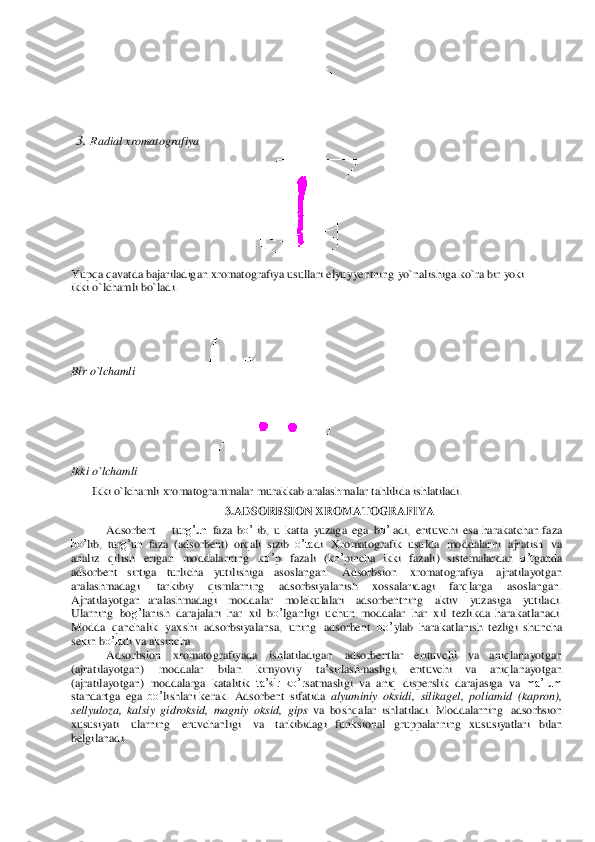  	 
3.	 Ra	dial	 xromatogr	afiya 	
 	
 	 
Yupqa 	qavatda 	bajariladigan xromatog	rafiya usu	llari elyuyyent	ning	 yo`	nalish	iga ko	`ra 	bir 	yoki	 	
ikki o`lchamli bo`	ladi. 	
Bir 	o`lcha	mli 	 	
 
Ikki o`l	cha	mli 	 	
Ikki o`l	cha	mli xromatogra	mmalar	 mura	kkab	 aralash	malar t	ahlilida	 ish	latiladi. 	 	
3.AD	SO	RBS	ION	 XR	OMA	TOG	RAF	IYA 	
Adsor	bent – turg’u	n faza	 bo’l	ib, u katta yuza	ga ega	 bo’l	adi,	 erituvchi esa har	akatchan	 faza 	
bo’	lib,	 tur	g’un faza	 (adso	rbent)	 orqali sizib o’ta	di. Xromatogra	fik  u	su	lda	 modda	larni ajratish va	 	
analiz qilish erigan	 modda	larning ko’	p fazali  (	ko’	pincha ikki fazali) sistemalar	dan o’t	ganda 	
adsorbent 	sirtiga	 	turlicha 	yutilish	iga  a	sos	lang	an. 	Ad	so	rbs	ion 	xromato	grafiya 	ajratilayotgan	 	
aralashmadagi 	tarkibiy  q	ismlar	ning 	ads	or	bsi	yala	nish	 	xossalaridagi 	farqlarga	 	asoslangan. 	
Aj	ratilayotgan  ara	lashmadagi 	modda	lar 	mole	kulalari 	adsorbentning 	aktiv 	yuza	siga 	yuti	ladi. 	
Ular	ning	 bog’	lanish dara	jalari har xil bo’	lganligi uchun mod	dalar	 har	 xil tezlikda  har	akatlanadi. 	
M	odd	a qancha	lik yaxshi adsorbsiyala	nsa,	 uning adsorbe	nt bo’	ylab  har	akatlanish tez	ligi shuncha	 	
sekin bo’la	di va	 aksincha. 	
Adsor	bs	ion 	xromatog	rafiyada 	ish	latiladigan 	adsorbentlar	 	erituvchi 	va  a	niqlana	yotgan	 	
(ajratilayotgan) 	modd	alar 	bilan	 	kimyoviy	 	ta’sirlash	masligi,  er	ituvchi 	va	 	aniqlanayotgan 	
(ajratilayotga	n) modd	alarga katalitik ta’sir 	ko’r	satmasligi va	 aniq dispe	rslik da	rajasiga va	 ma’lum 	
sta	nda	rtga	 ega	 bo’	lishlari  ker	ak. Ad	so	rbent sifatida alyuminiy	 oksidi, silikagel, poliamid (kapron), 	
sellyuloza,	 ka	lsiy gidrok	sid,	 magniy	 oksid,	 gips va bo	shqalar	 ish	lat	iladi.  M	odd	alarning adsorbsion	 	
xusu	siyati	 	ularning	 	eruvchanligi 	va	 	tarkibidagi  f	unk	sional	 gruppalarn	ing xusu	siyatl	ari bilan	 	
belgilanadi.	  