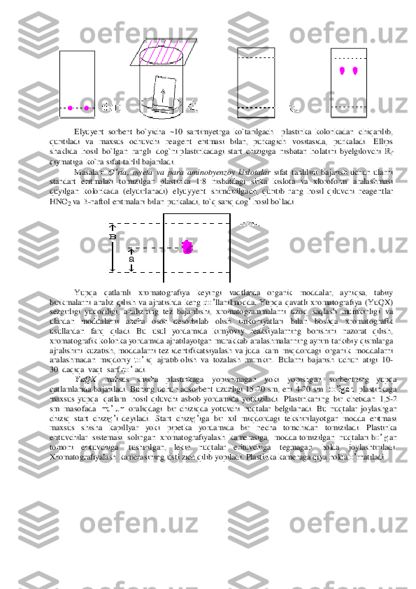  	
Elyuyent	 sorbent	 bo	`yicha	 ~10 santimyetr	ga ko`tarilga	ch  plastink	a kolonkadan chiqarilib, 	
qu	ritiladi va maxsu	s ochuvchi reagent	 eritmasi bilan, pu	rkagich	 vositasida, pur	kaladi. Ellips 	
sh	aklida	 hosil bo`lgan	 rang	li do	g`ni plastinkadagi start chizigiga nisbatan holatini bye	lgilovchi Rf 	
qiymati	ga ko`ra sifat tahlil ba	jariladi. 	
Mas	alan: O’rta	, myeta	 va	 para	 aminobye	nzoy kis	lotalar	 sifat tahlilini ba	jarish uchun ularni 	
stand	art eritmalari	 tomizi	lgan	 plastinka	 1:8 nisbatdagi sirka	 kislota va xloroform	 ara	lashmasi 	
quyilgan kolonkada (elyuir	lanadi) elyuyyent	 shimdirilga	ch, qu	ritib rang	 hosil qiluvchi reagent	lar	 	
HNO2 va	 -naf	tol eritmala	ri bilan pu	rkaladi, to`q sariq dog’ hosil bo	`ladi 	
 	
Yupqa	 	qatlamli 	xromatogr	afiya 	ke	yingi 	vaqtlarda 	or	ganik 	modd	alar,  a	yniq	sa, tabiiy 	
birikmalar	ni analiz qilish va	 ajratishda	 keng	 qo’	lla	nilmoqda.	 Yu	pqa  q	ava	tli xromatogra	fiya (YuQX	) 	
sezgirligi yuqoriligi, ana	lizning tez	 ba	jarilishi,  xr	omatogra	mmalar	ni uz	oq saqlash mumkin	ligi va 	
ulardan 	modda	larni ancha	 oso	n  de	sorbilab 	olish 	imkoniyatla	ri 	bilan 	bosh	qa	 	xromatog	rafik 	
us	ullardan farq	 qiladi.  Bu	 us	ul yor	damida kimyoviy	 reaksiyalar	ning	 bor	ishini na	zor	at qilish	, 	
xromatogra	fik ko	lon	ka	 yor	damida	 ajratila	yotgan mura	kkab	 aralashmalar	ning a	yrim tar	kibiy qismlarga 	
ajralish	ini kuza	tis	h, moddalarni tez	 identifikatsiyala	sh va 	juda	 kam	 miqdordagi organik modd	alarni 	
ara	lashmadan	 miqdo	riy to’l	iq ajratib o	lish va	 toz	alash	 mumkin.	 Bularni ba	jarish uchun atigi 10-	
30 daqiqa	 vaqt sarf bo’l	adi. 	
YuQX 	mahsus 	shish	a 	plastinkaga	 	yopish	magan	 	yoki 	yop	ishg	an 	sorbentnin	g 	yupqa	 	
qa	tlamlar	ida bajariladi. Bun	ing uchun	 adso	rbent uzunligi  1	5-20 sm, eni 4-20 	sm	 bo’lgan	 plastink	aga 	
maxsus yupqa	 qa	tlam	 ho	sil qiluvc	hi asb	ob	 yor	damida 	yotkiziladi. Pl	astinkaning bir chetidan 1,5-2 	
sm	 masof	ada	 ma’lum 	ora	liqda	gi bir  c	hiziqda	 yotuv	chi nu	qtalar	 belgilanadi. Bu	 nuqtalar joylashgan 	
chiziq start chizig’	i  de	yiladi.	 Start	 chizig’	iga	 bir	 xil miqdordagi tek	shirilayotgan modda	 eritmasi 	
maxsus shisha	 kapillyar 	yoki	 pipe	tka	 yorda	mida	 bir ne	cha	 tomchidan	 tomizil	adi.  Pl	astinka	 	
erituvchilar	 sistemasi solingan xromatogra	fiyala	sh kamera	siga,	 mod	da to	mizi	lgan nuqtalari bo’lg	an 	
tomoni 	erituvchiga	 	tus	hirilgan, 	lekin 	nu	qtalar  er	ituvchiga	 	tegmagan	 	holda 	joylashtiriladi.	 	
Xromatogra	fiyala	sh ka	mera	sining	 usti zi	ch qilib yop	iladi. Plastinka ka	mera	ga qiya ho	lda	 o’	rnatiladi. 	
 
  