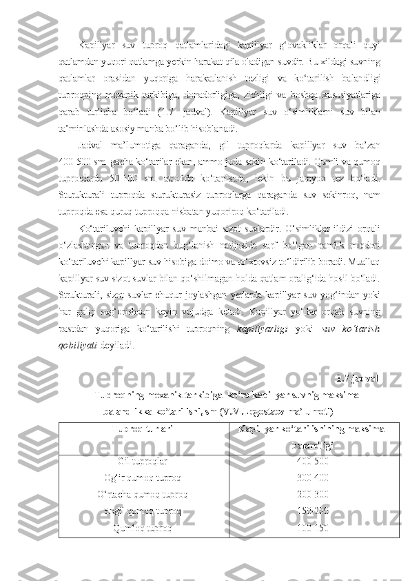 Kapillyar   suv   tuproq   qatlamlaridagi   kapillyar   g‘ovakliklar   orqali   quyi
qatlamdan yuqori qatlamga yerkin harakat qila oladigan suvdir. Bu xildagi suvning
qatlamlar   orasidan   yuqoriga   harakatlanish   tezligi   va   ko‘tarilish   balandligi
tuproqning   mexanik   tarkibiga,   donadorligiga,   zichligi   va   boshqa   xususiyatlariga
qarab   turlicha   bo‘ladi   (1.7-   jadval).   Kapillyar   suv   o‘simliklarni   suv   bilan
ta’minlashda asosiy manba bo‘lib hisoblanadi. 
Jadval   ma’lumotiga   qaraganda,   gil   tuproqlarda   kapillyar   suv   ba’zan
400-500 sm. gacha ko‘tarilar ekan, ammo juda sekin ko‘tariladi. Qumli va qumoq
tuproqlarda   50-100   sm.   atrofida   ko‘tarilsada,   lekin   bu   jarayon   tez   bo‘ladi.
Sturukturali   tuproqda   sturukturasiz   tuproqlarga   qaraganda   suv   sekinroq,   nam
tuproqda esa quruq tuproqqa nisbatan yuqoriroq ko‘tariladi.
Ko‘tariluvchi   kapillyar   suv   manbai   sizot   suvlardir.   O‘simliklar   ildizi   orqali
o‘zlashtirgan   va   tuproqdan   bug‘lanish   natijasida   sarf   bo‘lgan   namlik   miqdori
ko‘tariluvchi kapillyar suv hisobiga doimo va to‘xtovsiz to‘ldirilib boradi. Muallaq
kapillyar suv sizot suvlar bilan qo‘shilmagan holda qatlam oralig‘ida hosil bo‘ladi.
Strukturali,   sizot   suvlar   chuqur   joylashgan   yerlarda   kapillyar   suv   yog‘indan   yoki
har   galgi   sug‘orishdan   keyin   vujudga   keladi.   Kapillyar   yo‘llar   orqali   suvning
pastdan   yuqoriga   ko‘tarilishi   tuproqning   kapillyarligi   yoki   suv   ko‘tarish
qobi liyati  deyiladi.
1.7-jadval
Tuproqning mexanik tarkibiga  ko‘ra kapillyar suvnig maksimal
balandlikka ko‘tarilishi, sm (V.M.Legostaev ma’lumoti)
Tuproq turlari Kapillyar ko‘tarilishining maksimal
balandligi
Gil tuproqlar
Og‘ir qumoq tuproq
O‘rtacha qumoq tuproq
Engil qumoq tuproq
Qumloq tuproq 400-500
300-400
200-300
150-200
100-150 