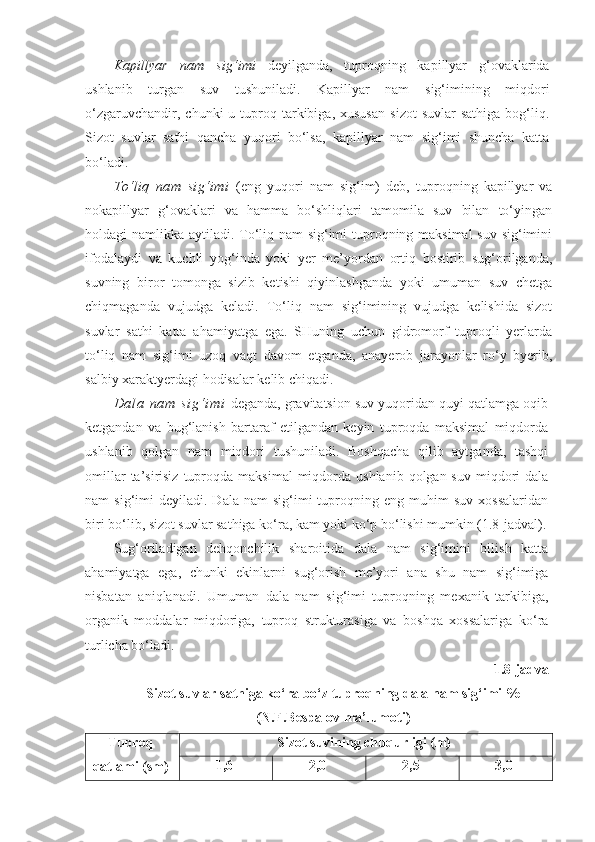 Kapillyar   nam   sig‘imi   deyilganda,   tuproqning   kapillyar   g‘ovaklarida
ushlanib   turgan   suv   tushuniladi.   Kapillyar   nam   sig‘imining   miqdori
o‘zgaruvchandir,  chunki  u  tuproq  tarkibiga,  xususan   sizot  suvlar  sathiga   bog‘liq.
Sizot   suvlar   sathi   qancha   yuqori   bo‘lsa,   kapillyar   nam   sig‘imi   shuncha   katta
bo‘ladi.
To‘liq   nam   sig‘imi   ( eng   yuqori   nam   sig‘im)   deb,   tuproqning   kapillyar   va
nokapillyar   g‘ovaklari   va   hamma   bo‘shliqlari   tamomila   suv   bilan   to‘yingan
holdagi namlikka aytiladi. To‘liq nam sig‘imi tuproqning maksimal  suv sig‘imini
ifodalaydi   va   kuchli   yog‘inda   yoki   yer   me’yordan   ortiq   bostirib   sug‘orilganda,
suvning   biror   tomonga   sizib   ketishi   qiyinlashganda   yoki   umuman   suv   chetga
chiqmaganda   vujudga   keladi.   To‘liq   nam   sig‘imining   vujudga   kelishida   sizot
suvlar   sathi   katta   ahamiyatga   ega.   SHuning   uchun   gidromorf   tuproqli   yerlarda
to‘liq   nam   sig‘imi   uzoq   vaqt   davom   etganda,   anayerob   jarayonlar   ro‘y   byerib,
salbiy xaraktyerdagi hodisalar kelib chiqadi.
D a l a   n a m   s i g ‘ i m i   deganda, gravitatsion suv yuqoridan quyi qatlamga oqib
ketgandan   va   bug‘lanish   bartaraf   etilgandan   keyin   tuproqda   maksimal   miqdorda
ushlanib   qolgan   nam   miqdori   tushuniladi.   Boshqacha   qilib   aytganda,   tashqi
omillar   ta’sirisiz  tuproqda  maksimal   miqdorda  ushlanib  qolgan suv  miqdori  dala
nam   sig‘imi   deyiladi.  Dala  nam  sig‘imi   tuproqning  eng  muhim  suv   xossalaridan
biri bo‘lib, sizot suvlar sathiga ko‘ra, kam yoki ko‘p bo‘lishi mumkin (1.8-jadval).
Sug‘oriladigan   dehqonchilik   sharoitida   dala   nam   sig‘imini   bilish   katta
ahamiyatga   ega,   chunki   ekinlarni   sug‘orish   me’yori   ana   shu   nam   sig‘imiga
nisbatan   aniqlanadi.   Umuman   dala   nam   sig‘imi   tuproqning   mexanik   tarkibiga,
organik   moddalar   miqdoriga,   tuproq   strukturasiga   va   boshqa   xossalariga   ko‘ra
turlicha bo‘ladi.
1.8-jadval
Sizot suvlar sathiga ko‘ra bo‘z tuproqning dala nam sig‘imi % 
(N.F.Bespalov ma’lumoti)
Tuproq
qatlami (sm) Sizot suvining chuqurligi (m)
1,6 2,0 2,5 3,0 