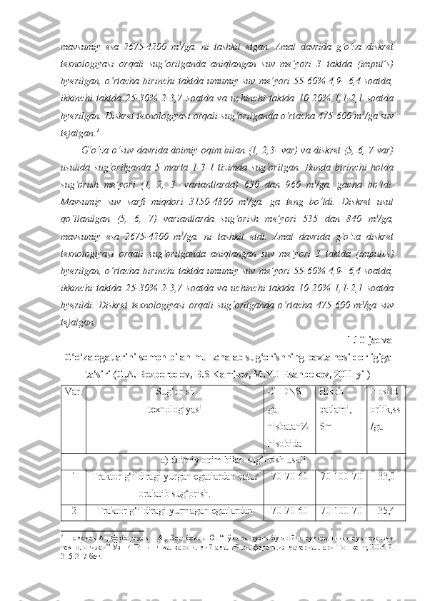 mavsumiy   esa   2675-4200   m 3
/ga.   ni   tashkil   etgan.   Amal   davrida   g‘o‘za   diskret
texnologiyasi   orqali   sug‘orilganda   aniqlangan   suv   me’yori   3   taktda   (impul’s)
byerilgan,  o‘rtacha   birinchi  taktda  umumiy  suv   me’yori  55-60%   4,9-  6,4  soatda,
ikkinchi   taktda   25-30%   2-3,7   soatda   va   uchinchi   taktda   10-20%   1,1-2,1   soatda
byerilgan. Diskret texnologiyasi orqali sug‘orilganda o‘rtacha 475-600 m 3
/ga suv
tejalgan . 7
G‘o‘za o‘suv davrida doimiy oqim bilan (1, 2,3- var) va diskret (5, 6, 7-var)
usulida   sug‘orilganda   5   marta   1-3-1   tizimda   sug‘orilgan.   Bunda   birinchi   holda
sug‘orish   me’yori   (1,   2,   3-   variantlarda)   630   dan   960   m 3
/ga.   gacha   bo‘ldi.
Mavsumiy   suv   sarfi   miqdori   3150-4800   m 3
/ga.   ga   teng   bo‘ldi.   Diskret   usul
qo‘llanilgan   (5,   6,   7)   variantlarda   sug‘orish   me’yori   535   dan   840   m 3
/ga,
mavsumiy   esa   2675-4200   m 3
/ga.   ni   tashkil   etdi.   Amal   davrida   g‘o‘za   diskret
texnologiyasi   orqali   sug‘orilganda   aniqlangan   suv   me’yori   3   taktda   (impulьs)
byerilgan,  o‘rtacha   birinchi  taktda  umumiy  suv   me’yori  55-60%   4,9-  6,4  soatda,
ikkinchi   taktda   25-30%   2-3,7   soatda   va   uchinchi   taktda   10-20%   1,1-2,1   soatda
byerildi.   Diskret   texnologiyasi   orqali   sug‘orilganda   o‘rtacha   475-600   m 3
/ga   suv
tejalgan.
1.10-jadval
G‘o‘za egatlarini somon bilan mulьchalab sug‘orishning paxta hosildorligiga
ta’siri (G.A. Bezborodov, B.S Kamilov, M.YU Esanbekov, 2011 yil)
Var. Sug‘orish
texnologiyasi CHDNS
ga
nisbatan%
hisobida Hisob
qatlami,
Sm Hosild
orlik,ss
/ga
a) doimiy oqim bilan sug‘orish usuli
1 Traktor g‘ildiragi yurgan egatlardan qator
oralatib sug‘orish. 70-70-60 70-100-70 33,0
2 Traktor g‘ildiragi yurmagan egatlardan 70-70-60 70-100-70 35,4
7
  Шамсиев А., Безбародов Г.А., Эсанбеков Ю. “Ғўза ва кузги буғдойни суғоришнинг сув тежовчи
технологияси” ЎзПИТИнинг  халқаро илмий-амалий конференция материаллари Тошкент, 2006 й.
315-317 бет. 