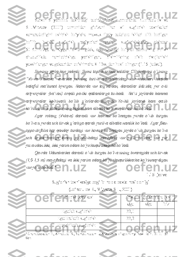 Surxon-SHyerobod   dashtidagi   taqirli-o‘tloqi   tuproqlarda   B.Jo‘raqulov   va
SH.Mirzaev   (2001)   tomonidan   g‘o‘zani   har   xil   sug‘orish   texnikalari
samaradorligini   oshirish   bo‘yicha   maxsus   ilmiy   tadqiqot   ishlari   olib   borilgan
bo‘lib,   bunda   sug‘orish   me’yorlari   egatlab   sug‘orishdagiga   nisbatan
50–60   foizga   kamaygan.   SHuningdek,   egat   uzunligi   bo‘ylab   tuproqning   bir   xil
chuqurlikda   namiqtirishga   yerishilgan,   o‘simlikning   o‘sib   rivojlanishi
yaxshilangan va gektaridan qo‘shimcha 8–12ss. dan hosil olingan (1.15- jadval).
Suvning joylashuv  jadvali:  Suvni topish uchun kalitlar CHakrapani  o‘zining
“Visva   Vallava”   asarida   yerning   turish   qatlamlaridagi   suv   shakllari   haqida
batafsil   ma’lumot   byergan.   Bahorda   suv   tog‘lardan,   daraxtlar   ildizida,   yer   osti
artyeriyalar   (ba’zan)   orqali   pastki   qatlamlarga   tushadi.     Ba’zi   joylarda   hamma
artyeriyalar   ko‘rinarli   bo‘lib   g‘orlarda   tugaydi.   Toshli   joylarni   ham   qazib
ko‘rilsa, tosh plitkalarning tagida ham albatta ko‘p miqdorda suv bo‘ladi.
Agar   rotang   (Vetasa)   daraxti   suv   havzasi   bo‘lmagan   yerda   o‘sib   turgan
bo‘lsa u yerda uch tirsak g‘arbga qarab yurilsa albatta namlik bo‘ladi.  Agar fikus
oppositcfolia har qanday turdagi  suv hovuzi bo‘lmagan joyda o‘sib turgan bo‘lsa
uch   tirsak   harbga   tomon   yo‘nalishdagi   masofada   suv   yo‘li   bo‘ladi,   suv   yer
yuzasidan ikki, ikki yarim odam bo‘yichuqurlikkacha bo‘ladi.
Qasrda Udumbarika daraxti o‘sib turgan bo‘lsa uning tevaragida uch tirsak
(1,0-1,5 m) masofadagi  va ikki yarim odam bo‘yi chuqurlikkacha ko‘rinmaydigan
suv yo‘li bo‘ladi . 9
1.15- jadval
Sug‘orish texnikasiga bog‘liq holda paxta hosildorligi 
(Jo‘raqulov B., Mirzaev SH., 2001)
Sug‘orish texnikasi Hosil,
s/ga Qo‘shimcha hosil
s/ga foiz
Egatlab sug‘orish 32,0 - -
Egat oralatib sug‘orish 33,2 - -
Tomchilatib sug‘orish:
9
  Chandrasekaran B., Annadurai K., Samasundaram E. A textbook of agronomy. New Delhi. 2010. 153
бет. 