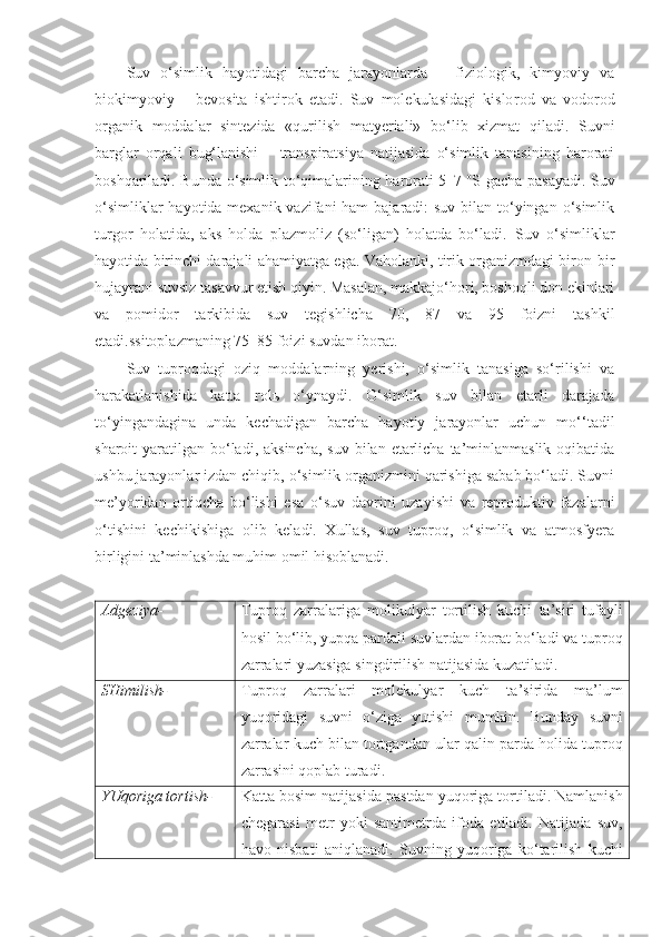 Suv   o‘simlik   hayotidagi   barcha   jarayonlarda   –   fiziologik,   kimyoviy   va
biokimyoviy   –   bevosita   ishtirok   etadi.   Suv   molekulasidagi   kislo rod   va   vodorod
organik   moddalar   sintezida   «qurilish   matyeriali»   bo‘lib   xizmat   qiladi.   Suvni
barglar   orqali   bug‘lanishi   –   transpiratsiya   natijasida   o‘simlik   tanasining   harorati
boshqariladi. Bunda o‘simlik to‘qimalarining harorati 5–7   o
S gacha pasayadi. Suv
o‘simliklar  hayotida mexanik vazifani ham  bajaradi: suv bilan to‘yingan o‘simlik
turgor   holatida,   aks   holda   plazmoliz   (so‘ligan)   holatda   bo‘ladi.   Suv   o‘simliklar
hayotida birinchi darajali ahamiyatga ega. Vaholanki, tirik organizmdagi biron-bir
hujayrani suvsiz tasavvur etish qiyin. Masalan, makkajo‘hori, boshoqli don ekinlari
va   pomidor   tarkibida   suv   tegishlicha   70,   87   va   95   foizni   tashkil
etadi.ssitoplazmaning 75–85 foizi suvdan iborat.
Suv   tuproqdagi   oziq   moddalarning   yerishi,   o‘simlik   tanasiga   so‘rilishi   va
harakatlanishida   katta   rolь   o‘ynaydi.   O‘simlik   suv   bilan   etarli   darajada
to‘yingandagina   unda   kechadigan   barcha   hayotiy   jarayonlar   uchun   mo‘‘tadil
sharoit  yaratilgan bo‘ladi, aksincha,  suv  bilan etarlicha  ta’minlanmaslik  oqibatida
ushbu jarayonlar izdan chiqib, o‘simlik organizmini qarishiga sabab bo‘ladi. Suvni
me’yoridan   ortiqcha   bo‘lishi   esa   o‘suv   davrini   uzayishi   va   reproduktiv   fazalarni
o‘tishini   kechikishiga   olib   keladi.   Xullas,   suv   tuproq,   o‘simlik   va   atmosfyera
birligini ta’minlashda muhim omil hisoblanadi.
Adgeziya- Tuproq   zarralariga   molikulyar   tortilish   kuchi   ta’siri   tufayli
hosil bo‘lib, yupqa pardali suvlardan iborat bo‘ladi va tuproq
zarralari yuzasiga singdirilish natijasida kuzatiladi. 
SHimilish- Tuproq   zarralari   molekulyar   kuch   ta’sirida   ma’lum
yuqoridagi   suvni   o‘ziga   yutishi   mumkin.   Bunday   suvni
zarralar kuch bilan tortgandan ular qalin parda holida tuproq
zarrasini qoplab turadi.
YUqoriga tortish- Katta bosim natijasida pastdan yuqoriga tortiladi. Namlanish
chegarasi   metr   yoki   santimetrda   ifoda   etiladi.   Natijada   suv,
havo   nisbati   aniqlanadi.   Suvning   yuqoriga   ko‘tarilish   kuchi 