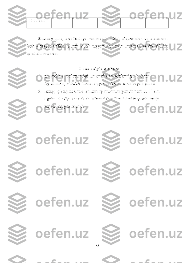 11-B sinf
Shundаy qilib, tаklif etilаyоtgаn mоdel mаktаb о‘quvchilаri vа tаlаbаlаrni
kаsbiy   tаyyоrgаrlikkа   yuqоri   sifаtli   tаyyоrlаsh   uchun   universаl   vоsitа   sifаtidа
qаrаlishi mumkin.
III-bоb bо’yichа xulоsа
1. Integral hisob elementlaridan amaliy masalalarni yechishda  
foydalanish, STEAM texnologiyasiga tadbiq etish bayon qilindi. 
2. Pedagogik tajiba sinov ishlarining mazmuni yoritib berildi. 11-sinf 
algebra darsligi asosida shakllantirish ta’lim tizimida yaxshi natija 
berishi ilmiy asoslandi.
88 