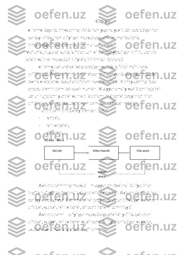                                       Kirish .
«Tizim» deganda bir vaqtning o’zida ham yagona yaxlit deb qaraladigan har 
qanday ob’ekt, ham qo’yilgan maqsadlarga erishish manfaatlarida 
birlashtirilgan turli elementlar majmui tushuniladi.  
Ma’lumki, bugungi kunda ko’plab turli xil tizimlar yaratilgan bo’lib, ular o’z 
tarkibi va bosh maqsadlari bo’yicha bir-biridan farqlanadi
«Tizim» tushunchasi keng tarqalgan va juda ko’plab ma’nolarda 
qo’llaniladi. Axborot tizimlariga nisbatan qo’llanilganda aksariyat hollarda 
texnik vositalar va dasturlar to’plami nazarda tutiladi. Kompyuterning faqat 
apparat qismini tizim deb atash mumkin. Muayyan amaliy vazifalarni bajarish 
uchun hujjatlarni yuritish va hisob-kitoblarni boshqarish jarayonlari bilan 
to’ldirilgan ko’plab dasturlarni ham tizim deb hisoblash mumkin. 
Har bir tizim to’rt asosiy qismdan iborat: 
• kiritish; 
• ishlov berish; 
• chiqarish; 
 
Axborot tizimining maqsadi – muayyan professional faoliyat bilan 
bog’liq bo’lgan professional axborot ishlab chiqarish. Axborot tizimlari har 
qanday sohadagi vazifalarni hal qilish jarayonida zarur bo’ladigan axborotni 
to’plash, saqlash, ishlov berish, chiqarib berishni ta’minlaydi. 
Axborot tizimi – qo’yilgan maqsadlarga erishish yo’lida axborotni 
to’plash, saqlash, ishlov berish va chiqarishda foydalaniladigan vositalar, 
usullar va xodimlarning o’zaro bog’liq majmui.   
t e s kari   aloqa .  
Kiritish   Ishlov berish   Chiqarish  
teskari 
aloqa   