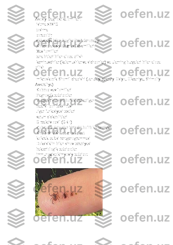 Asosiy diagnostika omillari:
 isitma >38°C
 toshma
 qoraqo'tir
 rikketsiya bilan bog'liq limfadenopatiya
 Ko'proq asosiy diagnostika omillari:
 Xavf omillari
 tana bitlari bilan aloqa qilish
 kemiruvchilar (kalamushlar va sichqonlar) va ularning burgalari bilan aloqa
qilish
  mikroskopik Shomil chaqishi (Janubiy-Sharqiy Osiyo, Okeaniya, Shimoliy
Avstraliya)
 Ko'proq xavf omillari
Diagnostik tadqiqotlar
 Tadqiqot birinchi bo'lib ko'rsatilgan
 batafsil qon tekshiruvi
 Jigar funktsiyasi testlari
 sarum elektrolitlari
 C-reaktiv oqsil (CRP)
 Ko'proq tadqiqotlar birinchi bo'lib ko'rsatilgan
 Ko'rib chiqish uchun tadqiqot
 ko'krak qafasi rentgenogrammasi
 Doksisiklin bilan sinov terapiyasi
 bakteriologik tadqiqotlar
 immunogistokimyoviy tadqiqot
  