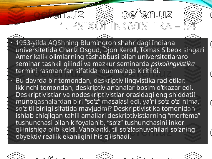   1. PSIX OLIN GVISTIKA – 54
•
1953 - yilda AQShning Blumington shahridagi Indiana 
universitetida Charlz Osgud, Djon Keroll, Tomas Sibeok singari 
Amerikalik olimlarning tashabbusi bilan universitetlararo 
seminar tashkil qilindi va mazkur seminarda  psixolingvistika  
termini rasman fan sifatida muomalaga kiritildi.   
•
Bu davrda bir tomondan, deskriptiv lingvistika rad etilar, 
ikkinchi tomondan, deskriptiv an’analar bosim o‘tkazar edi. 
Deskriptivistlar va nodeskriptivistlar orasidagi eng shiddatli 
munoqashalardan biri “so‘z” masalasi edi, ya’ni so‘z o‘zi nima, 
so‘z til birligi sifatida mavjudmi? Deskriptivistika tomonidan 
ishlab chiqilgan tahlil amallari deskriptivistlarning “morfema” 
tushunchasi bilan kifoyalanib, “so‘z” tushunchasini inkor 
qilinishiga olib keldi. Vaholanki, til so‘zlashuvchilari so‘zning 
obyektiv reallik ekanligini his qilishadi.  