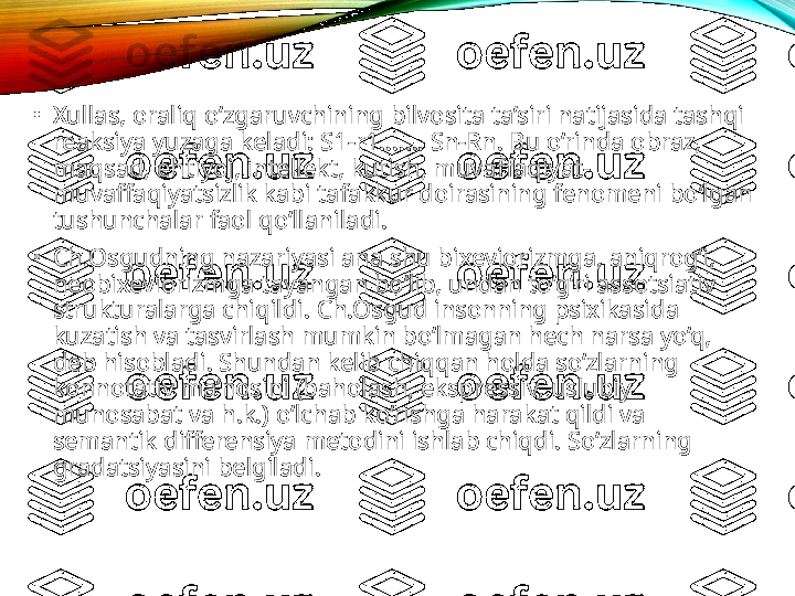 •
Xullas, oraliq o‘zgaruvchining bilvosita ta’siri natijasida tashqi 
reaksiya yuzaga keladi: S1-r1……. Sn-Rn. Bu o‘rinda obraz, 
maqsad, ehtiyoj, intellekt, kutish, muvaffaqiyat-
muvaffaqiyatsizlik kabi tafakkur doirasining fenomeni bo‘lgan 
tushunchalar faol qo‘llaniladi.
•
Ch.Osgudning nazariyasi ana shu bixeviorizmga, aniqrog‘i, 
neobixeviorizmga tayangan bo‘lib, undan to‘g‘ri assotsiativ 
strukturalarga chiqildi. Ch.Osgud insonning psixikasida 
kuzatish va tasvirlash mumkin bo‘lmagan hech narsa yo‘q, 
deb hisobladi. Shundan kelib chiqqan holda so‘zlarning 
konnotativ ma’nosini (baholash, ekspressiv, uslubiy 
munosabat va h.k.) o‘lchab ko‘rishga harakat qildi va 
semantik differensiya metodini ishlab chiqdi. So‘zlarning 
gradatsiyasini belgiladi.  