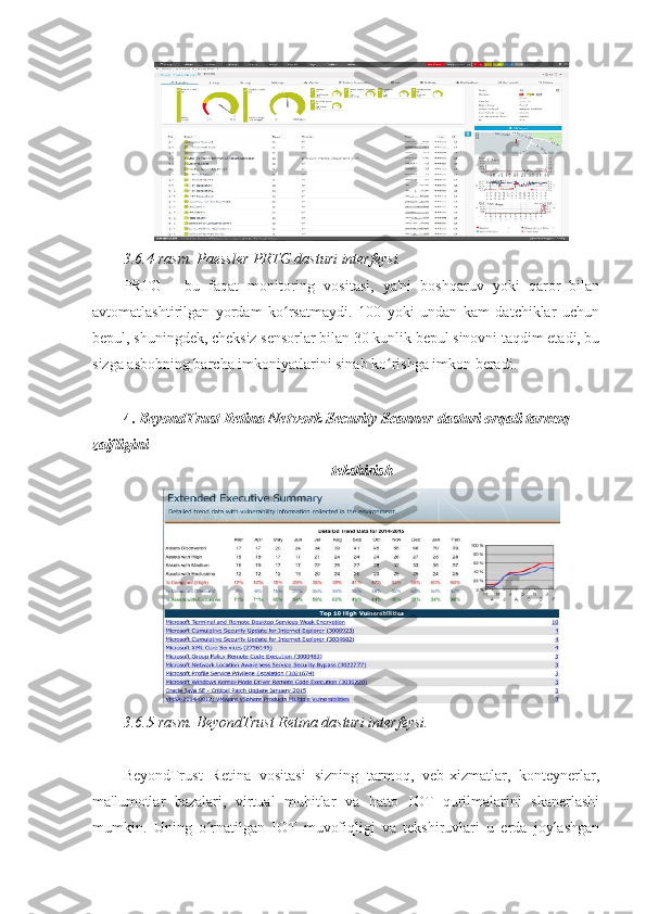 3.6.4-rasm.  Paessler   PRTG   dasturi interfeysi. 
PRTG   -   bu   faqat   monitoring   vositasi,   ya'ni   boshqaruv   yoki   qaror   bilan
avtomatlashtirilgan   yordam   ko rsatmaydi.   100   yoki   undan   kam   datchiklar   uchunʻ
bepul, shuningdek, cheksiz sensorlar bilan 30 kunlik bepul sinovni taqdim etadi, bu
sizga asbobning barcha imkoniyatlarini sinab ko rishga imkon beradi. 	
ʻ
 
4.  BeyondTrust   Retina   Network   Security   Scanner   dasturi orqali tarmoq 
zaifligini 
tekshirish  
3.6.5-rasm. BeyondTrust Retina dasturi interfeysi. 
 
BeyondTrust   Retina   vositasi   sizning   tarmoq,   veb-xizmatlar,   konteynerlar,
ma'lumotlar   bazalari,   virtual   muhitlar   va   hatto   IOT   qurilmalarini   skanerlashi
mumkin.   Uning   o rnatilgan   IOT   muvofiqligi   va   tekshiruvlari   u   erda   joylashgan	
ʻ 