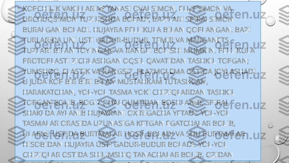 •
KOPCHILIK VAKILLARINI TANASI OVALSIMON, ELLIPSIMON VA 
URCHUQSIMON TUZILISHDA BOLADI, BAZILARI SPIRALSIMON 
BURALGAN BOLADI. HUJAYRA PELLIKULA BILAN QOPLANGAN. BAZI 
TURLARIDA UNI USTI GADUR-BUDUR, TEMIR VA MARGANETS 
TUZLARI BILAN TOYINGAN VA RANGLI BOLISHI MUMKIN. PELLIKULA 
PROTOPLASTI ZICHLASHGAN OQSIL QAVATIDAN TASHKIL TOPGAN; 
YUMSHOQ, ELASTIK VA RANGSIZ, PLAZMOLEMA OSTIDA JOYLASHADI. 
U JUDA KOP BIR BIRI BILAN MUSTAHKAM TUTASHGAN, 
HARAKATCHAN, YOL-YOL TASMA YOKI CHIZIQLARDAN TASHKIL 
TOPGAN BOLIB, BOGIZ ("HALQUM")DAN BOSHLANIB, SPIRAL 
SHAKLDA AYLANIB HUJAYRANI OXIRIGACHA YETADI. YOL-YOL 
TASMALAR ORASIDA UZUNASIGA KETGAN EGATCHALAR BOLIB, 
ULARNI  USTIDA BURTMALAR HOSIL BOLADI VA SHU BURTMALAR 
HISOBIDAN HUJAYRA USTI GADUR-BUDUR BOLADI. YOL-YOL 
CHIZIQLAR OSTIDA SHILIMSHIQ TANACHALAR BOLIB, OZIDAN 
SHILIMSHIQ A JRATIB PORA ORQALI CHIQIB PELLIKULAGA OTADI VA 
UNI ELASTIK HOLGA KELTIRADI. 