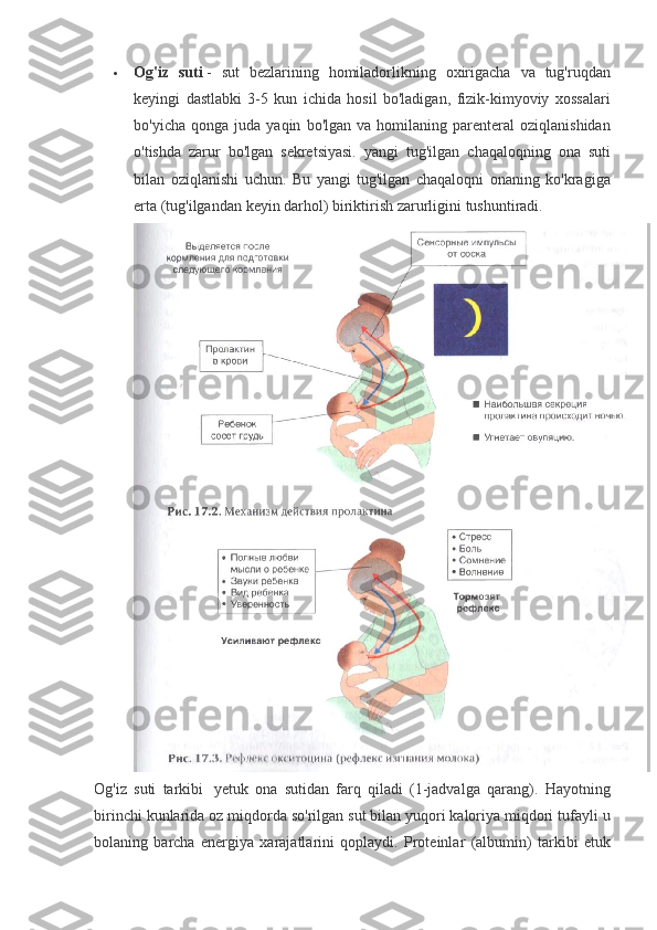  Og'iz   suti   - sut	 bezlarining	 homiladorlikning	 oxirigacha	 va	 tug'ruqdan
keyingi	
 dastlabki	 3-5	 kun	 ichida	 hosil	 bo'ladigan,	 fizik-kimyoviy	 xossalari
bo'yicha	
 qonga	 juda	 yaqin	 bo'lgan	 va	 homilaning	 parenteral	 oziqlanishidan
o'tishda	
 zarur	 bo'lgan	 sekretsiyasi.	 yangi	 tug'ilgan	 chaqaloqning	 ona	 suti
bilan	
 oziqlanishi	 uchun.	 Bu	 yangi	 tug'ilgan	 chaqaloqni	 onaning	 ko'kragiga
erta	
 (tug'ilgandan	 keyin	 darhol)	 biriktirish	 zarurligini	 tushuntiradi.
Og'iz	
 suti	 tarkibi	    yetuk	 ona	 sutidan	 farq	 qiladi	 (1-jadvalga	 qarang).	 Hayotning
birinchi	
 kunlarida	 oz	 miqdorda	 so'rilgan	 sut	 bilan	 yuqori	 kaloriya	 miqdori	 tufayli	 u
bolaning	
 barcha	 energiya	 xarajatlarini	 qoplaydi.	 Proteinlar	 (albumin)	 tarkibi	 etuk 