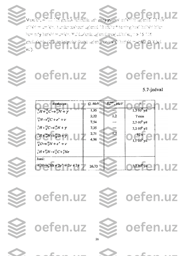 Masalan, ~ 100-106 gradus haroratda uch geliy yadrosi qo‘shilib uglerod- 12 hosil 
qilishi m um kin. Bundan tashqari uglerod-12 oraliq *Be ning hosil bolishi bilan 
ham ro‘y berishi mumkin. Yulduzlarda uglerod mavjud bolsa, T > 15-106 
graduslarda oltita reaksiyadan iborat uglerod azot sikli borishi mumkin (5.7-jad 
val).
-
26 