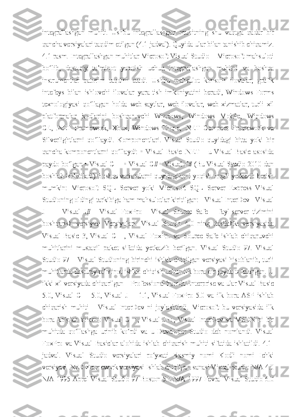 integrallashgan   muhiti.   Ushbu   integrallashgan   muhitning   shu   vaqtga   qadar   bir
qancha versiyalari taqdim etilgan (4.1-jadval). Quyida ular bilan tanishib chiqamiz.
4.1-rasm. Integrallashgan muhitlar Microsoft Visual Studio – Microsoft mahsuloti
bo lib,   dasturiy   ta’minot   yaratish   uchun   integrallashgan   muhitni   va   boshqaʻ
instrumentlar   qatorini   taqdim   etadi.   Ushbu   mahsulot   konsolli   ilovalar,   grafik
intefeys   bilan   ishlovchi   ilovalar   yara-tish   imkoniyatini   beradi,   Windows   Forms
texnologiyasi   qo llagan   holda   web-saytlar,   web-ilovalar,   web-xizmatlar,   turli   xil	
ʻ
platformalar   kodlarini   boshqaruvchi   Windows,   Windows   Mobile,   Windows
CE,   .NET   Framework,   Xbox,   Windows   Phone,   .NET   Compact   Framework   va
Silverlightlarni   qo llaydi.   Komponentlari.   Visual   Studio   quyidagi   bitta   yoki   bir
ʻ
qancha   komponentlarni   qo llaydi:   •   Visual   Basic   .NET   –   u   Visual   Basic   asosida	
ʻ
paydo bo lgan • Visual C++ • Visual C# • Visual F# (Bu Visual Studio 2010 dan	
ʻ
boshlab ishlatiladi) Boshqa variantlarni quyidagilarni yoqish orqali yetkazib berish
mumkin:   Microsoft   SQL   Server   yoki   Microsoft   SQL   Server   Express   Visual
Studioning oldingi tarkibiga ham mahsulotlar kiritilgan: - Visual InterDev - Visual
J++   -   Visual   J#   -   Visual   FoxPro   -   Visual   Source   Safe   –   fayl-server   tizimini
boshqarish   versiyasi   Versiyalari.   Visual   Studio   4.0   ning   dastlabki   versiyasida
Visual   Basic   3,   Visual   C++,   Visual   FoxPro   va   Source   Safe   ishlab   chiqaruvchi
muhitlarini   mustaqil   paket   sifatida   yetkazib   berilgan.   Visual   Studio   97.   Visual
Studio 97 – Visual  Studioning birinchi  ishlab chiqilgan versiyasi  hisoblanib, turli
muhitlarda dasturiy ta’minot ishlab chiqish uchun ilk bora bir joyda to plangan. U	
ʻ
ikki xil versiyada chiqarilgan – Professional hamda Enterprise va ular Visual Basic
5.0,   Visual   C++   5.0,   Visual   J++   1.1,   Visual   FoxPro   5.0   va   ilk   bora   ASP   ishlab
chiqarish   muhiti   –   Visual   InterDev   ni   joylashtirdi.   Microsoft   bu   versiyasida   ilk
bora   ko plab   tillarni:   Visual   C++,   Visual   J++,   Visual   InterDev   va   MSDN   ni   bir	
ʻ
muhitda   qo llashga   urinib   ko rdi   va   u   Developer   Studio   deb   nomlandi.   Visual	
ʻ ʻ
FoxPro   va   Visual   Basiclar   alohida   ishlab   chiqarish   muhiti   sifatida   ishlatildi.   4.1-
jadval.   Visual   Studio   versiyalari   ro yxati   Rasmiy   nomi   Kodli   nomi   Ichki	
ʻ
versiyasi .NET Framework versiyasi Ishlab chiqilgan sanasi Visual Studio N/A 4.0
N/A 1995 Aprel Visual Studio 97 Boston 5.0 N/A 1997 Fevral Visual Studio 6.0 