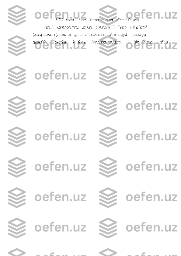 4.39-rasm.	 Panel	 komponentasi	 bilan	 ishlash	 	
Panel	   komponenta	   uchun	   umumiy	   bo lgan	ʻ	   xislatlarni	
(xulq-atvorni)	 meros	 qilib	 o tkazishniʻ	 ta’minlaydi:	 panelga	
qarashli	barcha	boshqa	komponentalarni	bir	butun	qilib 