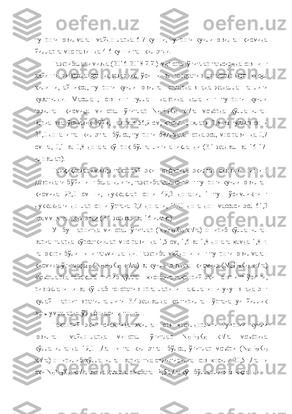 тупроғи   ювилмаган   майдонларда   6-7   кунни,   тупроғи   кучли   ювилган   қисмида
йилларга мос равишда 4-6 кунни ташкил этди.
Тажрибаларимизда (2016-2018 й.й.) минерал ўғитлар таъсирида соянинг
кейинги   ривожланиш   даврларида   ўсиши   ва   генератив   органларнинг   ҳосил
қилиши,   айниқса,   тупроғи   кучли   ювилган   ерларда   янада   жадаллашганлиги
кузатилди.   Масалан,   соянинг   гуллаш   даврида   даланинг   тупроғи   кучли
ювилган   қисмида   минерал   ўғитлар   N
60 P
42 К
30   кг/га   меъёрда   қўлланилган
вариантда   ўсимлик   бўйи,   назорат   56,9   см,   ҳосил   шохлари   2,8   ва   гуллар   сони
21,0 донани ташкил этган бўлса, тупроғи ювилмаган ерда эса, мос равишда 0,7
см   га,   0,1   ва   0,8   донага   кўпроқ   бўлганлиги   аниқланди   (3.1-жадвал   ва   16-17-
иловалар). 
Тадқиқотларимизда   такрорий   экин   сифатида   экилган   соянинг   пишиш
давридаги бўйининг баландлиги, тажриба даласининг тупроғи кучли ювилган
қисмида   93,0   см   ни,   дуккаклар   сони   49,2   донани,   1   туп   ўсимликнинг
дуккакдаги   донлар   сони   ўртача   2,7   донани,   1000   дона   дон   массаси   эса   61,2
граммни ташкил этди (3.1-жадвал ва 16-илова).
Ушбу   шароитда   минерал   ўғитлар   (N
90 P
63 К
45   кг/га)   ошириб   қўлланилган
вариантларда кўрсаткичлар мос равишда 1,5 см, 1,6 ва 1,8 донага ҳамда 1,8 г.
га юқори бўлишини таъминланди. Тажриба майдонининг тупроғи ювилмаган
қисмида ўғитларни (N
60 P
42 К
30  кг/га) ва кучли ювилган қисмида (N
90 P
63 К
45  кг/га)
меъёрларда   табақалаштириб   қўллаш   ҳисобига   такрорий   экин  соянинг   ўсиши,
ривожланиши   ва   кўплаб   генератив   органларини   шаклланиши   учун   янада   энг
қулай   шароит   яратилганлиги   3.4-жадвалда   келтирилган   ўртача   уч   йиллик
маълумотларда ўз ифодасини топган.
Такрорий   экин   сифатида   экилган   соя   ҳосилдорлиги   тупроғи   кучли
ювилган   майдонларда   минерал   ўғитлар   N
60 P
42 К
30   кг/га   меъёрида
қўлланилганда   19,0   ц/га   ни   ташкил   этган   бўлса,   ўғитлар   меъёри   (N
90 P
63 К
45
кг/га) оширилиб қўлланилган вариантда етиштирилган соя ҳосили 20,5 ц/га ни
ёки N
60 P
42 К
30  кг/га вариантларга нисбатан 1,5 ц/га кўп бўлганлиги аниқланди.  