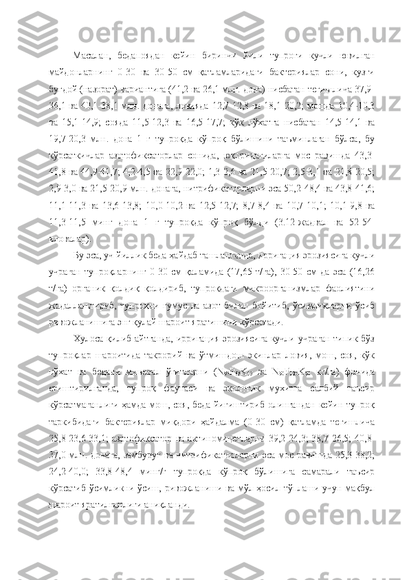Масалан,   бедапоядан   кейин   биринчи   йили   тупроғи   кучли   ювилган
майдонларнинг   0-30   ва   30-50   см   қатламларидаги   бактериялар   сони,   кузги
буғдой (назорат) вариантига (41,2 ва 26,1 млн. дона) нисбатан тегишлича 37,9-
36,1 ва 40,1-38,1 млн. донага, ловияда 12,7-12,8 ва 18,1-20,2; мошда 10,4-10,3
ва   15,1-14,9;   сояда   11,5-12,3   ва   16,5-17,7;   кўк   нўхатга   нисбатан   14,5-14,1   ва
19,7-20,3   млн.   дона   1   г   тупроқда   кўпроқ   бўлишини   таъминлаган   бўлса,   бу
кўрсаткичлар   азотофиксаторлар   сонида,   юқоридагиларга   мос   равишда   43,3-
41,8 ва 44,9-41,7; 4,2-4,5 ва 22,9-22,0; 1,3-2,6 ва 21,5-20,7; 2,5-3,1 ва 21,8-20,5;
2,9-3,0 ва 21,5-20,9 млн. донага, нитрификаторларни эса 50,2-48,4 ва 43,8-41,6;
11,1-11,3   ва   13,6-13,8;   10,0-10,2   ва   12,5-12,7;   8,7-8,4   ва   10,7-10,1;   10,1-9,8   ва
11,3-11,5   минг   дона   1   г   тупроқда   кўпроқ   бўлди   (3.12-жадвал   ва   52-54-
иловалар).
Бу эса, уч йиллик беда ҳайдаб ташланганда, ирригация эрозиясига кучли
учраган   тупроқларнинг   0-30   см   қаламида   (17,65   т/га),   30-50   см   да   эса   (16,26
т/га)   органик   қолдиқ   қолдириб,   тупроқдаги   микроорганизмлар   фаолиятини
жадаллаштириб,   тупроқни   гумус   ва   азот   билан   бойитиб,   ўсимликларни   ўсиб
ривожланишига энг қулай шароит яратишини кўрсатади.
Хулоса қилиб айтганда,  ирригация эрозиясига  кучли учраган  типик бўз
тупроқлар   шароитида   такрорий   ва   ўтмишдош   экинлар   ловия,   мош,   соя,   кўк
нўхат   ва   бедани   минерал   ўғитларни   (N
90 P
63 K
45   ва   N
90 P
120 K
90   кг/га)   фонида
етиштирилганда,   тупроқ   фаунаси   ва   экологик   мухитга   салбий   таъсир
кўрсатмаганлиги ҳамда мош, соя, беда йиғиштириб олингандан кейин тупроқ
таркибидаги   бактериялар   миқдори   ҳайдалма   (0-30   см)   қатламда   тегишлича
25,8-23,6-33,1;   азотофиксатор   ва   актиномицетларни   39,2-24,3;   38,7-26,5;   40,8-
37,0 млн. донага, замбуруғ ва нитрификаторларни эса мос равишда 25,3-38,2;
24,2-40,0;   33,8-48,4   минг/г   тупроқда   кўпроқ   бўлишига   самарали   таъсир
кўрсатиб ўсимликни ўсиш, ривожланиши ва мўл ҳосил тўплаши учун мақбул
шароит яратилганлиги аниқланди.    