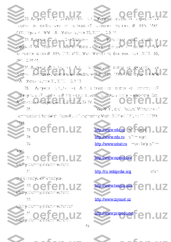 22. Алтухов   Е.В.,   Симбратович   Е.В.   Упругие   колебания   двухслойных
пластин   со   свободными   от   напряжений   плоскими   гранями.   //   ISSN   1683-
4720.Труды ИПММ НАН Украины, том 22, 2011. – С.5-14.
23. Алтухов   Е.В.,   Симбратович   Е.В.   Установившиеся   колебания
двухслойных   пластин   с   жестко   закрепленными   торцами   и   несовершенным
контактом   слоев   //   ISSN   0130-9420.   Мат.   Методи   та   физ.-мех.   поля.   2012.   -55,
№4.- С.36-46.
24. Алтухов   Е.В.,Винник   А.В.   Напряженное   состояние   анизотропных
пластин   с   торцами,   покрытыми   диафрагмой.//   ISSN   1683-4720.Труды   ИПММ
НАН Украины, том 20, 2010. – С.3-12.
25.   Алтухов   Е.В.,Винник   А.В.Напряженное   состояние   ортотропной
прямоугольной пластины.// В i сник Донецького нац i онального университету. Сер.
А: Природнич i  науки, вип.2, 2010. - С.29-37.
26.   Rao M.K., et al.  Natural Vibrations of
Laminated and Sandwich Plates // J. of Engineering Mech. 2004.vol.130, no 11. P.1268-
1278.
27. http://www.edu.uz     – ta’lim sayti.
28. http://www.edu.ru     – ta’lim sayti. 
29. http://www.intuit.ru     – masofaviy ta’lim
sayti. 
30. http://www.eqworld.ru      –
adabiyotlarning elektron varianti.
31. http://ru.wikipedia.org      –   erkin
ensiklopediya «Vikipediya». 
32. http://www.twirpx.com      –
adabiyotlarning elektron varianti.
33. http://www.ziyonet.uz      -
adabiyotlarning elektron variantlari
34. http://www.prepodu.net      –
adabiyotlarning elektron varianti. 
69 