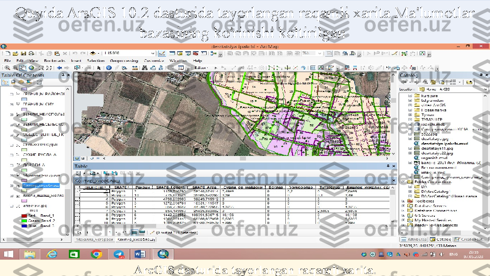 Quyida ArsGIS  10 . 2  dasturida tayorlangan  raqamli  xarita Ma'lumotlar 
bazasining ko'rinishi keltirilgan 
                                                         ArcGIS dasturida tayorlangan ra q amli xarita . 