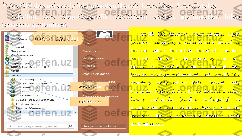 
ArcGIS dasturi asosiy ikki qismdan iborat :  1.Arc Map  2.ArcCatalog
1-Bo'lim .   Arc  Map-Geografik  obe'ktlarni  atribut  ma'lumotlar  bilan 
ishlashda qo'llaniladi.
ArcGIS10.2dasturi
  Qatlamlar yaratish
Kartalar bilan ishlash ArcGIS  10.2  dasturidagi  vektor  qatlamlar  obyekt 
jadvalidan  tashqari,  oyna  xaritasida  rastr,  mavzuli  va 
kosmetik  qatlam  ko‘rinishida  ko‘rsatilishi  mumkin. 
Kosmetik  qatlamlar  har  doim  xarita  oynasining  eng 
tepasida  joylashgan  bo‘lib,  o‘z  ichiga  maxsus  vaqtinchalik 
jadvalda  joylashgan  ma’lumotlarni  oladi.   ArcGIS  10.2 
dasturining  asosiy  axborot  birligi.  Jadvalni  oddiy 
tunchasidan  far q lanishi,  ArcGIS  10.2  dasturida  u  qatlam 
bazaviy  ma’lumotlar  jadvaliga  bo g‘ langanligi  va 
mavjudligidan  xaritaga  mos  keladi.  Bazaviy  ma’lumotlar 
jadvalidagi  har  bir  q ator  grafik  obyektlar  xa q ida 
ma’lumotiga ega.  