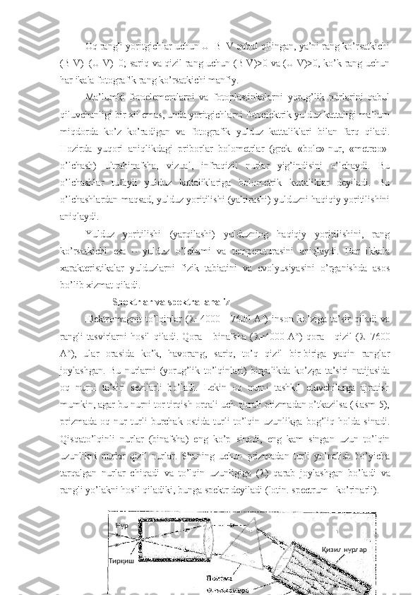 Oq rangli yoritgichlar uchun U=B=V qabul qilingan, ya’ni rang ko’rsatkichi
(B-V)=(U-V)=0; sariq va qizil rang uchun (B-V)>0 va (U-V)>0, ko’k rang uchun
har ikala fotografik rang ko’rsatkichi manfiy.
Ma’lumki   fotoelementlarni   va   fotoplastinkalarni   yorug’lik   nurlarini   qabul
qiluvchanligi bir xil emas, unda yoritgichlarni fotoelektrik yulduz kattaligi ma’lum
miqdorda   ko’z   ko’radigan   va   fotografik   yulduz   kattaliklari   bilan   farq   qiladi.
Hozirda   yuqori   aniqlikdagi   priborlar   bolometrlar   (grek.   «bole»-nur,   «metreo»-
o’lchash)   ultrabinafsha,   vizual,   infraqizil   nurlar   yig’indisini   o’lchaydi.   Bu
o’lchashlar   tufayli   yulduz   kattaliklariga   bolometrik   kattaliklar   deyiladi.   Bu
o’lchashlardan maqsad, yulduz yoritilishi (yaltirashi) yulduzni haqiqiy yoritilishini
aniqlaydi.
Yulduz   yoritilishi   (yarqilashi)   yulduzning   haqiqiy   yoritilishini,   rang
ko’rsatkichi   esa   –   yulduz   o’lchami   va   temperaturasini   aniqlaydi.   Har   ikkala
xarakteristikalar   yulduzlarni   fizik   tabiatini   va   evolyusiyasini   o’rganishda   asos
bo’lib xizmat qiladi.
            Spektrlar va spektral analiz
Elektromagnit   to’lqinlar   (  =4000   -   7600   A°)   inson   ko’ziga   ta’sir   qiladi   va
rangli   tasvirlarni   hosil   qiladi.   Qora   -   binafsha   (  =4000   A°)   qora   -   qizil   (  =7600
A°),   ular   orasida   ko’k,   havorang,   sariq,   to’q   qizil   bir-biriga   yaqin   ranglar
joylashgan.   Bu   nurlarni   (yorug’lik   to’lqinlari)   birgalikda   ko’zga   ta’siri   natijasida
oq   nurni   ta’siri   sezilarli   bo’ladi.   Lekin   oq   nurni   tashkil   etuvchilarga   ajratish
mumkin, agar bu nurni tor tirqish orqali uch qirrali prizmadan o’tkazilsa (Rasm-5),
prizmada   oq   nur   turli   burchak   ostida   turli   to’lqin   uzunlikga   bog’liq   holda   sinadi.
Qisqato’lqinli   nurlar   (binafsha)   eng   ko’p   sinadi,   eng   kam   singan   uzun   to’lqin
uzunlikni   nurlar   qizil   nurlar.   Shuning   uchun   prizmadan   turli   yo’nalish   bo’yicha
tarqalgan   nurlar   chiqadi   va   to’lqin   uzunligiga   (  )   qarab   joylashgan   bo’ladi   va
rangli yo’lakni hosil qiladiki, bunga spektr deyiladi (lotin. spectrum - ko’rinarli).
Бинафша нурлар Қизил нурларНур
Тирқиш 