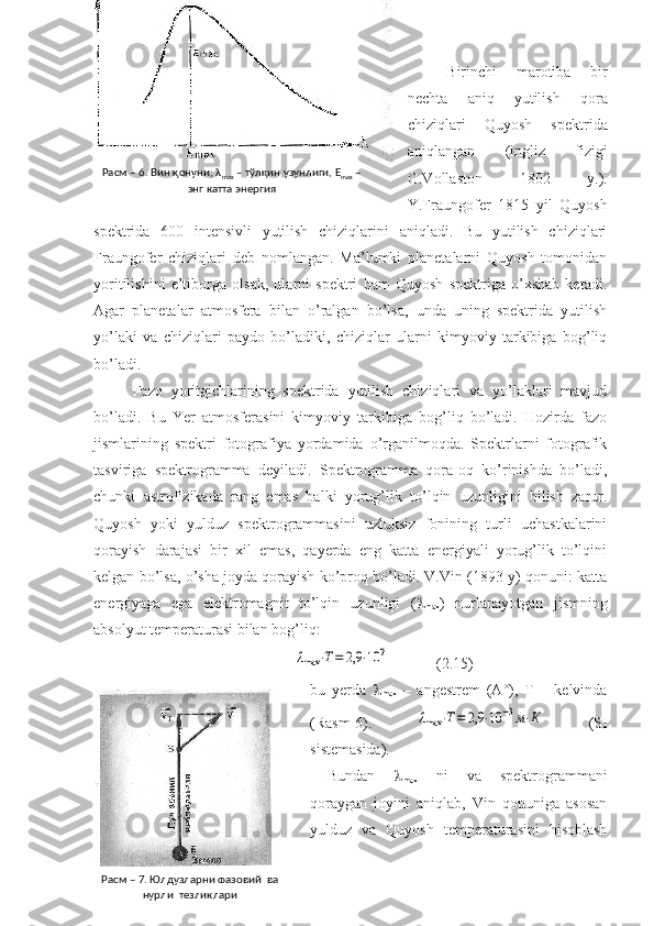 Birinchi   marotiba   bir
nechta   aniq   yutilish   qora
chiziqlari   Quyosh   spektrida
aniqlangan   (ingliz   fizigi
G.Vollaston   1802   y.).
Y.Fraungofer   1815   yil   Quyosh
spektrida   600   intensivli   yutilish   chiziqlarini   aniqladi.   Bu   yutilish   chiziqlari
Fraungofer   chiziqlari   deb   nomlangan.   Ma’lumki   planetalarni   Quyosh   tomonidan
yoritilishini   e’tiborga   olsak,   ularni   spektri   ham   Quyosh   spektriga   o’xshab   ketadi.
Agar   planetalar   atmosfera   bilan   o’ralgan   bo’lsa,   unda   uning   spektrida   yutilish
yo’laki   va   chiziqlari   paydo   bo’ladiki,   chiziqlar   ularni   kimyoviy   tarkibiga   bog’liq
bo’ladi.
Fazo   yoritgichlarining   spektrida   yutilish   chiziqlari   va   yo’laklari   mavjud
bo’ladi.   Bu   Yer   atmosferasini   kimyoviy   tarkibiga   bog’liq   bo’ladi.   Hozirda   fazo
jismlarining   spektri   fotografiya   yordamida   o’rganilmoqda.   Spektrlarni   fotografik
tasviriga   spektrogramma   deyiladi.   Spektrogramma   qora-oq   ko’rinishda   bo’ladi,
chunki   astrofizikada   rang   emas   balki   yorug’lik   to’lqin   uzunligini   bilish   zarur.
Quyosh   yoki   yulduz   spektrogrammasini   uzluksiz   fonining   turli   uchastkalarini
qorayish   darajasi   bir   xil   emas,   qayerda   eng   katta   energiyali   yorug’lik   to’lqini
kelgan bo’lsa, o’sha joyda qorayish ko’proq bo’ladi. V.Vin (1893 y) qonuni: katta
energiyaga   ega   elektromagnit   to’lqin   uzunligi   ( 
max )   nurlanayotgan   jismning
absolyut temperaturasi bilan bog’liq:
                 λmax	⋅T=	2,9	⋅10	7             (2.15)
bu   yerda   
max   –   angestrem   (A°),   T   –   kelvinda
(Rasm-6).  	
λmax	⋅T=	2,9	⋅10	−3м⋅К   (SI
sistemasida).
Bundan   
max   ni   va   spektrogrammani
qoraygan   joyini   aniqlab,   Vin   qonuniga   asosan
yulduz   va   Quyosh   temperaturasini   hisoblashРасм – 6. Вин қонуни; λ
max  – тўлқин узунлиги, E
max  – 
энг катта энергия
Расм – 7. Юлдузларни фазовий  ва 
нурли  тезликлари 