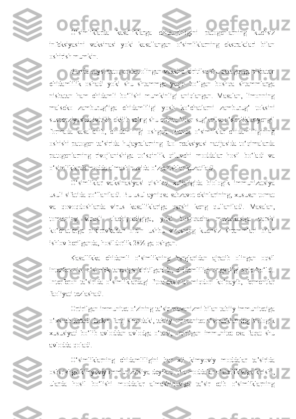 O‘simliklarda   kasalliklarga   chidamliligini   patogenlarning   kuchsiz
infeksiyasini   vaksinasi   yoki   kasallangan   o‘simliklarning   ekstraktlari   bilan
oshirish mumkin.
Bunda qaysi patogendan olingan vaksina kiritilsa shu patogenga nisbatan
chidamlilik   oshadi   yoki   shu   shtammga   yaqin   bo‘lgan   boshqa   shtammlarga
nisbatan   ham   chidamli   bo‘lishi   mumkinligi   aniqlangan.   Masalan,   limonning
malseko   zamburug‘iga   chidamliligi   yosh   ko‘chatlarni   zamburug‘   toksini
suspenziyasida ivitilib ekilib so‘ng shu eritma bilan sug‘orilsa o‘simliklar yengil
formada   kasallanib,   chidamliligi   oshgan.   Bunda   o‘simliklar   chidamliligining
oshishi   patogen   ta’sirida   hujayralarning   faol   reaksiyasi   natijasida   to‘qimalarda
patogenlarning   rivojlanishiga   to‘sqinlik   qiluvchi   moddalar   hosil   bo‘ladi   va
o‘simliklarda modda almashinuvida o‘zgarishlar kuzatiladi.
O‘simliklar   vaksinasiyasi   qishloq   xo‘jaligida   biologik   immunizatsiya
usuli sifatida qo‘llaniladi. Bu usul ayniqsa sabzavot ekinlarining, xususan tomat
va   qovoqdoshlarda   virus   kasalliklariga   qarshi   keng   qullaniladi.   Masalan,
tomatning   virusli   olachiporligiga,   yoki   boshqacha   mozaikasiga   qarshi
ko‘chatlarga   pikirovkadan   oldin   ushbu   virusning   kuchsiz   shtammlari   bilan
ishlov berilganda, hosildorlik 28% ga oshgan.
Kasallikka   chidamli   o‘simlikning   barglaridan   ajratib   olingan   oqsil
interferonini   o‘simlik   tanasiga   kiritilganida,   chidamliligi   ortganligi   aniq   bo‘ldi.
Interferon   ta’sirida   o‘simliklardagi   fitoaleksinlar   miqdori   ko‘payib,   fermentlar
faoliyati tezlashadi.
Ortirilgan immunitet o‘zining ta’sir mexanizmi bilan tabiiy immunitetiga
o‘xshab ketadi. Lekin farqi shundaki, tabiiy  immunitet o‘simliklarning biologik
xususiyati   bo‘lib   avloddan   avlodga   o‘tadi,   ortirilgan   immunitet   esa   faqat   shu
avlodda qoladi.
O‘simliklarning   chidamliligini   har   xil   kimyoviy   moddalar   ta’sirida
oshirishga kimyoviy immunizatsiya deyiladi. Bu moddalar o‘simliklarga kirishi,
ularda   hosil   bo‘lishi   moddalar   almashinuviga   ta’sir   etib   o‘simliklarning 