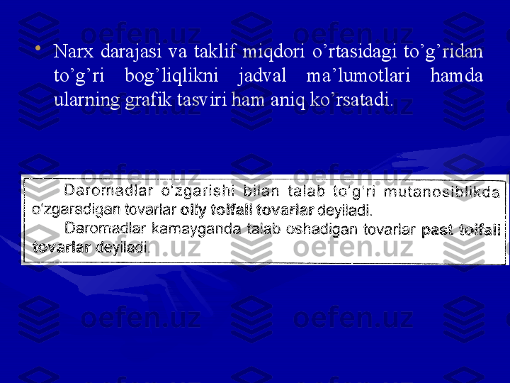 •
Narx  darajasi  va  taklif  miqdori  o’rtasidagi  to’g’ridan 
to’g’ri  bog’liqlikni  jadval  ma’lumotlari  hamda 
ularning grafik tasviri ham aniq ko’rsatadi. 