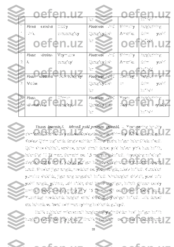 lar bo’lishi
1
1 Picea   excelsa
Link. Oddiy
qoraqarag’ay Pinaceae   Lindl
Qarag’aydosh-
lar Shimoliy
Amerika Barglarining
doim   yashil
bo’lishi
1
2 Pinuc   strobus
L. Veymutov
qarag’ayi Pinaceae   Lindl
Qarag’aydosh-
lar Shimoliy
Amerika Barglarining
doim   yashil
bo’lishi
1
3 Pinus   eldarica
Medw. Eldor qarag’ayi Pinaceae   Lindl
Qarag’aydosh-
lar Ozorbayj
on Barglarining
doim   yashil
bo’lishi
1
4 Pinus
silsvestris  L. O’rmon
qarag’ayi Pinaceae   Lindl
Qarag’aydosh-
lar Yevro
Osiyo  Barglarining
doim   yashil
bo’lishi
            Taxus   baccata,L   -   Mevali   yoki   yevropa   zarnabi.   U   Yevropaning   janubiy
qismlarida,   Kichik   Osiyoda   va   Kavkazda   hamda   Shimoliy   Afrikada   tarqalgan.
Kavkaz Qirim tog’larida dengiz sathidan 2000 m gacha bo’gan balandlikda o’sadi.
Qalin   shox-shabbali,   sershox,   tanasi   qirrali   daraxt   yoki   ba’zan   yirik   buta   bo’lib,
balandligi   10-27  metr,  diametiri   esa   1,5  metrgacha   bo’ladi.   Poyasining   po’stlog’i
qizg’ish rangda bo’lib, bo’yiga yorilgan bo’ladi, ko’pgina tinim kurtaklari qavarib
turadi. Shoxlari jigar rangda, novdalari esa yashil rangda, tuksiz bo’ladi. Kurtaklari
yumoloq   shakilda,   jigar   rang   tangachali   bo’ladi.   Ninabarglari   chiziqli,   yassi   to’q
yashil   rangda,   yaltiroq,   uchi   o’tkir,   cheti   bir   oz   qayrilgan,   bo’rtib   chiqqan   asosiy
tomirlari   mavjud.   Barglarining   bo’yi   15-25   mm,   eni   esa   2   mm   ni   tashkil   etadi.
Yuqoridagi   novdalarida   barglari   spiral   shaklida   joylashgan   bo’ladi.   Lola   daraxti
erta bahorda va fevral oxiri mart oyining boshlarida gullaydi. 
              Otalik qubbalari mikrosporali barglarning yig’indisidan hosil bo’lgan bo’lib
burglar   qo’ltig’ida   joylashadi.   Onalik   qubbalari   esa   biroz   boshqacharoq
33  
  