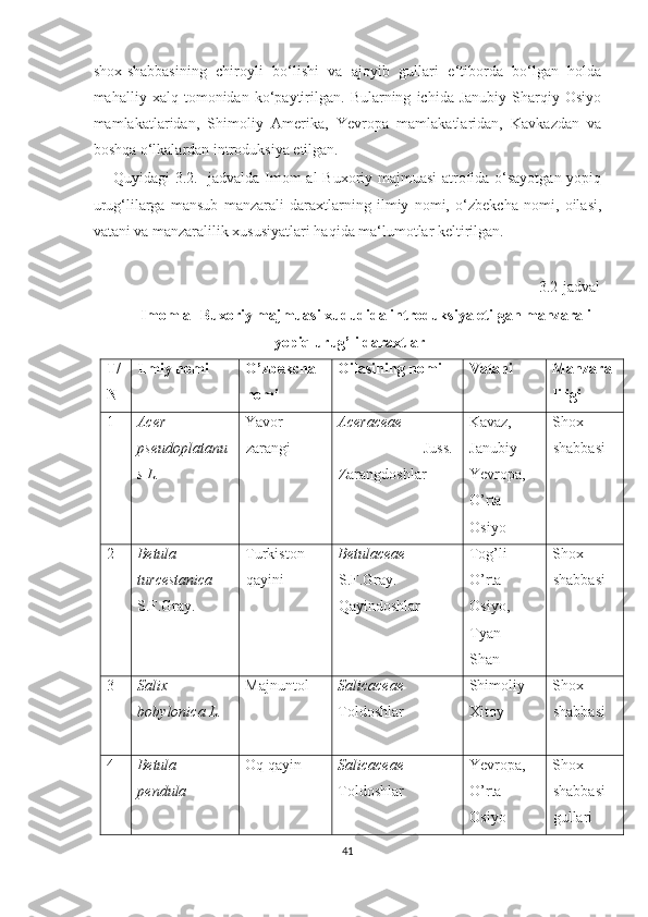 shox-shabbasining   chiroyli   bo‘lishi   va   ajoyib   gullari   e‘tiborda   bo‘lgan   holda
mahalliy   xalq   tomonidan   ko‘paytirilgan.   Bularning   ichida   Janubiy   Sharqiy   Osiyo
mamlakatlaridan,   Shimoliy   Amerika,   Yevropa   mamlakatlaridan,   Kavkazdan   va
boshqa o‘lkalardan introduksiya etilgan.
       Quyidagi 3.2.- jadvalda Imom al-Buxoriy majmuasi  atrofida o‘sayotgan yopiq
urug‘lilarga   mansub   manzarali   daraxtlarning   ilmiy   nomi,   o‘zbekcha   nomi,   oilasi,
vatani va manzaralilik xususiyatlari haqida ma‘lumotlar keltirilgan.
                                                                                                                     3.2-jadval
Imom al-Buxoriy majmuasi xududida  introduksiya etilgan  manzarali
yop iq urug’li  daraxtlar
T/
N Ilmiy nomi O’zbekcha
nomi Oilasining nomi Vatani Manzara
liligi
1 Acer
pseudoplatanu
s L. Yavor
zarangi   Aceraceae
  Juss .
Zarangdoshlar   Kavaz,
Janubiy
Yevropa,
O’rta
Osiyo Shox-
shabbasi
2 Betula
turcestanica
S.F.Gray. Turkiston
qayini Betulaceae
S.F.Gray.
Qayindoshlar Tog’li
O’rta
Osiyo,
Tyan-
Shan Shox-
shabbasi
3 Salix
bobylonica L. Majnuntol Salicaceae
Toldoshlar Shimoliy
Xitoy Shox-
shabbasi
4 Betula
pendula Oq qayin Salicaceae
Toldoshlar Yevropa,
O’rta
Osiyo Shox-
shabbasi
gullari
41  
  