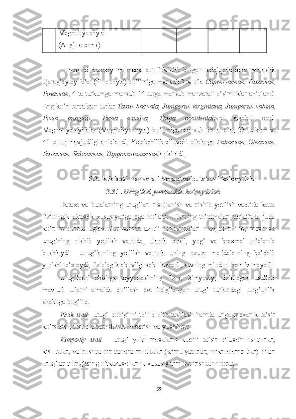 Magnoliyophyta
(Angiosperms)
                 Imom  al-Buxoriy majmuasi  atrofida  olib borgan  tadqiqotlarimiz  natijasida
Qarag’aytoyifalar (Pinophyta) bo’limiga mansub 3 ta oila  Cupressaceae, Taxaceae,
Pinaceae , 4 ta turkumga mansub 14 turga mansub manzarali o’simliklar aniqlandi.
Eng  ko’p  tarqalgan turlar   Taxus  baccata,  Juniperus  virginiana,  Juniperus   sabina,
Picea   pungens,   Picea   excelsa,   Thuja   occidentalis ni   tashkil   etadi.
Magnoliyatoyifalar   (Magnoliyophyta)   bo’limiga   mansub   23   ta   oila,   27   turkum   va
41 ta tur mavjudligi aniqlandi. Yetakchilik qiluvchi oilalarga  Fabaceae, Oleaceae,
Rosaceae, Salicaceae, Hippocastanaceae lar kiradi. 
                           3.3.   Istiqbolli manzarali daraxt va butalarni ko’paytirish
                                     3.3.1.  Urug‘lari yordamida ko‘paytirish
Daraxt   va   butalarning   urug’lari   rivojlanish   va   pishib   yetilish   vaqtida   katta
fiziologik   aktivlik   xususiyatiga   ega   bo’ladi.   Ularning   to’qimalari   tarkiibida   juda
ko’p   miqdorda   uglevodlar   hamda   azotli   birlashmalari   mavjud   bo’lib,   meva   va
urug’ning   pishib   yetilish   vaqtida,   ularda   oqsil,   yog’   va   kraxmal   to’planib
boshlaydi.     Urug’larning   yetilish   vaqtida   uning   ozuqa   moddalarning   ko’chib
yurishi to’xtaydi, fiziologik aktivligi sekinlashadi, suvning miqdori ham kamayadi.
Urug’larni   ekishga   tayyorlashning   fizik,   kimyoviy,   fiziologik   usullari
mavjud.   Ularni   amalda   qo’llash   esa   belgilangan   urug’   turlaridagi   turg’unlik
shakliga bog’liq.
Fizik   usul -   urug’   qobig’ini   to’liq   olib   tashlash   hamda   unga   mexanik   ta’sir
ko’rsatish, turlicha termik ishlov berish va yuvishdir.
Kimyoviy   usul   –   urug’   yoki   mevalarni   kuchli   ta’sir   qiluvchi   ishqorlar,
kislotalar, va  boshqa  bir  qancha  moddalar  (stimulyatorlar, mikroelementlar)  bilan
urug’lar qobig’ining o’tkazuvchanlik xususiyatini oshirishdan iborat.
59  
  