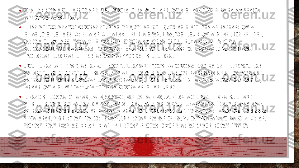 • XO JALIGINING YETAKCHI TARMOQLARINI QISHLOQ XO JALIGI MAHSULOTLARINI QAYTA ISHLASH, QURILISH VA MAHALLIY SANOAT ʻ ʻ
TARMOQLARI TASHKIL ETADI.
• TUMANDAGI 800 DAN ZIYOD KORXONANING 52 TASI O RTA, 261 TASI KICHIK, 506 TASI MIKROFIRMALAR. MARMARNI QAYTA 	
ʻ
ISHLASH, G ISHT, SHLAKBETON PLITALAR I.CH., TAMAKI FERMENTATSIYASI, MEVA, GO SHT, SUTNI QAYTA ISHLASH, NON PISHIRISH, 	
ʻ ʻ
QANDOLATCHILIK, HAR XIL YAXNA ICHIMLIKLAR I.CH. KORXONALARI BOR. AVTOMOBIL, MUZLATKICH, TELEVIZOR VA 
RADIOAPPARATURALARNI TA MIRLASH KORXONALARI ISHLAB TURIBDI. URGUT TUMANIDA HUNARMANDCHILIK QADIMDAN 	
ʼ
RIVOJLANGAN. HUNARMANDCHILIK BILAN 3500 DAN ZIYOD KISHI SHUGULLANADI.
• URGUT TUMANIDA BELGIYA BILAN HAMKORLIKDAGI "URGGAZKARPET" QO SHMA KORXONASI, O ZBEKISTON — TURKIYA "URGANTET 	
ʻ ʻ
YASHAM", "URGUT QOPLON", "URGUT SAMNEGIN" GILAM I.CH.GA IXTISOSLASHGAN QO SHMA KORXONALAR FAOLIYAT KO RSATADI. 	
ʻ ʻ
MARMAR TOSHNI QAYTA ISHLAYDIGAN "URGUT LADO MARMAR", QURILISH BUYUMLARI ISHLAB CHIQARADIGAN "SAMPLASTIK", 
TAMAKINI QAYTA ISHLAYDIGAN "UZBAT" QO SHMA KORXONALARI ISHLAB TURIBDI.	
ʻ
• TUMAN QISHLOQ XO JALIGI TAMAKI, G ALLA, SABZAVOT, KARTOSHKA, MEVA, UZUM HAMDA CHORVACHILIK MAHSULOTLARINI 	
ʻ ʻ
YETISHTIRISHGA IXTISOSLASHGAN. KEYINGI YILLARDA TUMAN UCHUN PASTDARG OM TUMANIDA AJRATILGAN YERDA PAXTA XAM 	
ʻ
EKILMOKDA. TUMANDAGI ASOSIY TEXNIKA EKINI — TAMAKI. URGUT TUMANI YER FONDI 112 MING GA NI TASHKIL ETADI. 9 MING GA 
YERGA TAMAKI, 14,8 MING GA YERGA DON EKINLARI, 1,2 MING GA YERGA KARTOSHKA, 145 GA YERGA SABZAVOT VA POLIZ EKINLARI, 
2907 GA YERGA YEMXASHAK EKINLARI EKILADI. 1,4 MING GA YER BOG VA TOKZOR BILAN BAND, 46,8 MING GA YER YAYLOV.  