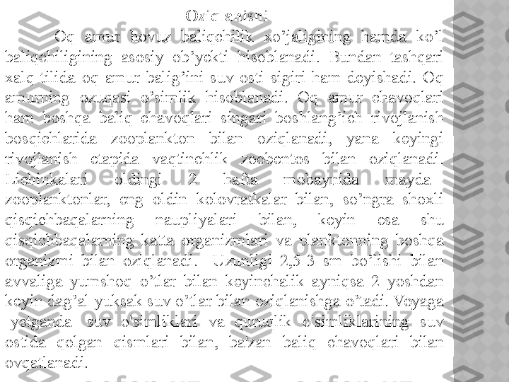   Oziqlanishi
          Oq  amur  hovuz  baliqchilik  xo’jaligining  hamda  ko’l 
baliqchiligining  asosiy  ob’yekti  hisoblanadi.  Bundan  tashqari 
xalq  tilida  oq  amur  balig’ini  suv  osti  sigiri  ham  deyishadi.  Oq 
amurning  ozuqasi  o’simlik  hisoblanadi.  Oq  amur  chavoqlari 
ham  boshqa  baliq  chavoqlari  singari  boshlang’ich  rivojlanish 
bosqichlarida  zooplankton  bilan  oziqlanadi,  yana  keyingi 
rivojlanish  etapida  vaqtinchlik  zoobentos  bilan  oziqlanadi. 
Lichinkalari    oldingi    2    hafta    mobaynida    mayda   
zooplanktonlar,  eng  oldin  kolovratkalar  bilan,  so’ngra  shoxli 
qisqichbaqalarning  naupliyalari  bilan,  keyin  esa  shu 
qisqichbaqalarning  katta  organizmlari  va  planktonning  boshqa 
organizmi  bilan  oziqlanadi.    Uzunligi  2,5-3  sm  bo’lishi  bilan 
avvaliga  yumshoq  o’tlar  bilan  keyinchalik  ayniqsa  2  yoshdan 
keyin dag’al yuksak suv o’tlar bilan oziqlanishga o’tadi. Voyaga 
  yetganda      suv    o'simliklari    va    quruqlik    o'simliklarining    suv 
ostida  qolgan  qismlari  bilan,  ba'zan  baliq  chavoqlari  bilan 
ovqatlanadi.  