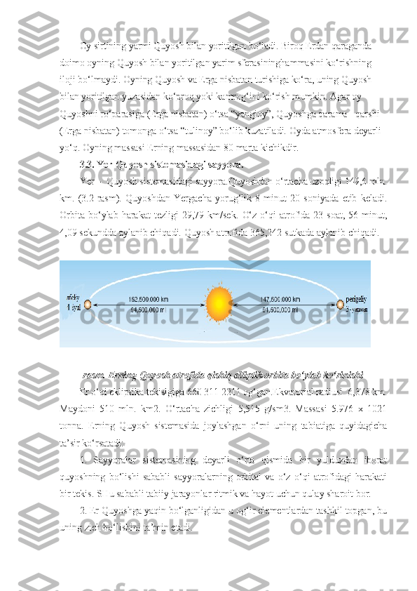 Oy sirtining yarmi Quyosh bilan  yoritilgan bo‘ladi.  Biroq Erdan qaraganda 
doimo  oyning Quyosh bilan yoritilgan yarim sferasininghammasini ko‘rishning 
iloji bo‘lmaydi.  Oyning Quyosh va Erga nisbatan turishiga ko‘ra, uning Quyosh 
bilan yoritilgan yuzasidan ko‘proq yo ki kamrog‘ini ko‘rish mumkin. Agar oy 
Quyoshni ro‘parasiga (Erga nisbatan)  o‘tsa  “yangioy”, Quyoshga qarama - qarshi 
(Erga nisbatan) tomonga o‘tsa “tulinoy”  bo‘lib kuzatiladi.  Oyda atmosfera deyarli 
y o‘ q. Oyning massasi Erning massasidan 80 marta  kichikdir.
3.3. Yer-Quyosh sistemasidagi sayyora.
Yer –  Quyosh sistemasidagi sayyora.Quyoshdan o‘rtacha uzoqligi 149,6 mln.
km.   (3.2-rasm).   Quyoshdan   Yergacha   yorug‘lik   8   minut   20   soniyada   etib   keladi.
Orbita  bo‘ylab  harakat  tezligi  29,79  km/sek.   O‘z   o‘qi  atrofida  23  soat,  56  minut,
4,09 sekundda aylanib chiqadi.  Quyosh atrofida 365,242 sutkada aylanib chiqadi.
-rasm. Erning Quyosh atrofida qishiq elliptik orbita bo‘ylab ko‘rinishi
Er o‘qi ekliptika tekislgiga 660 311 2211 og‘gan.Ekvatorial radiusi  6,378 km.
Maydoni   510   mln.   km2.   O‘rtacha   zichligi   5,515   g/sm3.   Massasi   5.976   x   1021
tonna.   Erning   Quyosh   sistemasida   joylashgan   o‘rni   uning   tabiatiga   quyidagicha
ta’sir ko‘rsatadi:
1.   Sayyoralar   sistemasining   deyarli   o‘rta   qismida   bir   yulduzdan   iborat
quyoshning   bo‘lishi   sababli   sayyoralarning   orbital   va   o‘z   o‘qi   atrofidagi   harakati
bir tekis.  SHu sababli tabiiy jarayonlar ritmik va hayot uchun qulay sharoit bor.
2. Er Quyoshga yaqin bo‘lganligidan u og‘ir elementlardan tashkil topgan, bu
uning zich bo‘lishini ta’min etadi. 