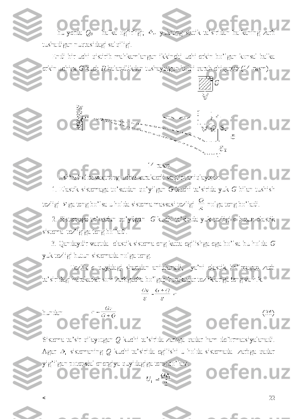           bu   yerda   Q
0   –   balka   og’irligi;   -yukning   statik   ta’siridan   balkaning   zarb
tushadigan nuqtasidagi salqiligi.
       Endi  bir  uchi qistirib mahkamlangan ikkinchi  uchi erkin bo’lgan konsal  balka
erkin uchiga  G  kuch  H  balandlikdan tushayotgan holni qarab chiqamiz.(14-rasm).
14-rasm
         Ushbu holda vaqtning uchta xarakterli vaqtini aniqlaymiz:
       1. Elastik sistemaga to’satdan  qo’yilgan   G   kuchi ta’sirida yuk   G   bilan tushish
tezligi  ga teng bo’lsa u holda sistema massasi tezligi   nolga teng bo’ladi.
       2. Sistemaga to’satdan qo’yilgan    G   kuchi ta’sirida yuk tezligi   c   butun elastik
sistema  tezligiga teng bo’ladi.
       3. Qandaydir vaqtda   elastik sistema eng katta egilishga ega bo’lsa bu holda   G
yuk tezligi butun sistemada nolga teng.
                Tezlik   c   quyidagi   shartdan   aniqlanadi,     ya’ni   elastik   bo’lmagan   zarb
ta’siridagi harakatlar soni zarbgacha bo’lgan harakatlar tezliklariga teng va h.k.
bundan                                                                                                     (36)
Sistema  ta’sir   qilayotgan   Q   kuchi   ta’sirida   zarbga  qadar   ham   deformatsiyalanadi.
Agar   -sistemaning   Q   kuchi   ta’sirida   egilishi   u   holda   sistemada     zarbga   qadar
yig’ilgan potensial energiya quyidagiga teng bo’ladi. 
< 22 