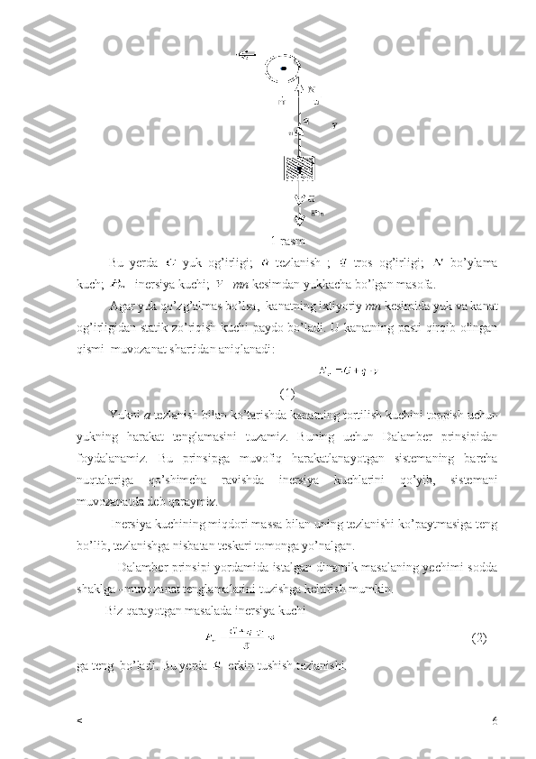 1- rasm
Bu   yerda   - yuk   og ’ irligi ;   - tezlanish   ;   - tros   og ’ irligi ;   - bo ’ ylama
kuch ;  -  inersiya   kuchi ;  -  mn   kesimdan   yukkacha   bo ’ lgan   masofa .
           Agar   yuk   qo ’ zg ’ almas   bo ’ lsa ,   kanatning   ixtiyoriy   mn   kesimida   yuk   va   kanat
og ’ irligidan   statik   zo ’ riqish   kuchi   paydo   bo ’ ladi .   U   kanatning   pasti   qirqib   olingan
qismi    muvozanat   shartidan   aniqlanadi :
                                       
(1)
           Yukni   a   tezlanish   bilan   ko ’ tarishda   kanatning   tortilish   kuchini   toppish   uchun
yukning   harakat   tenglamasini   tuzamiz .   Buning   uchun   Dalamber   prinsipidan
foydalanamiz .   Bu   prinsipga   muvofiq   harakatlanayotgan   sistemaning   barcha
nuqtalariga   qo ’ shimcha   ravishda   inersiya   kuchlarini   qo ’ yib ,   sistemani
muvozanatda   deb   qaraymiz .
           Inersiya kuchining miqdori massa bilan uning tezlanishi ko’paytmasiga teng
bo’lib, tezlanishga nisbatan teskari tomonga yo’nalgan.
                   Dalamber prinsipi yordamida istalgan dinamik masalaning yechimi sodda
shaklga –muvozanat tenglamalarini tuzishga keltirish mumkin.
         Biz qarayotgan masalada inersiya kuchi 
                                                                                                    (2)
ga teng    bo’ladi.   Bu yerda  -erkin tushish tezlanishi.
< 6 