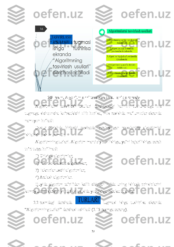 2.9-rasm. Algoritmlarni tasvirlash usullari darchasi.
Algoritmlarni   tasvirlash   usullari   darchasidagi   har   bir   tushunchaga   oid
tugmaga   sichqoncha   ko‘rsatkichi   olib   borilsa,   mos   ravishda   ma’lumotlar   ekranda
namoyon bo‘ladi:
Dastur   tuzishda   birinchi   navbatda   qaralayotgan   masalaning   algoritmini
ishlab chiqish muhimdir.
Algoritmning turlari. Algoritm mantiqiy tuzilishiga, ya’ni bajarilishiga qarab
to‘rt turga bo‘linadi:
1) Chiziqli algoritmlar;
2) Tarmoqlanuvchi algoritmlar;
3) Takrorlanuvchi algoritmlar;
4) Aralash algoritmlar.
Quyida   algoritm   ta’rifidan   kelib   chiqqan   holda   uning   ishlash   prinsiplarini
kompyuter imitatsion modellar  asosida yoritishga harakat qilamiz.  
2.2-rasmdagi   darchada     tugmasi   ishga   tushirilsa   ekranda
“Algoritmning turlari” darchasi ochiladi (2.15-rasmga qarang).
27 